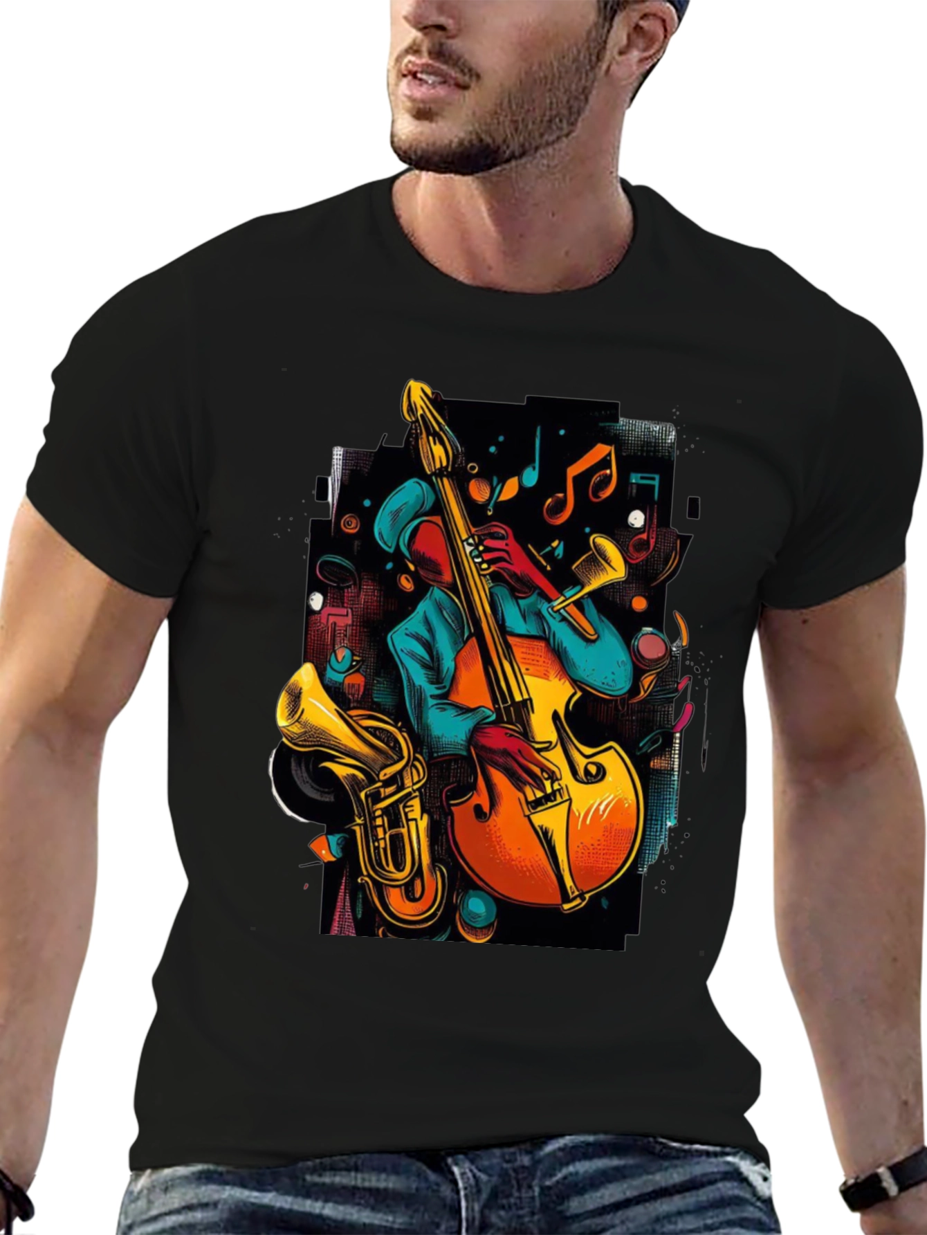 Camiseta Negra con Diseño de Música Jazz
