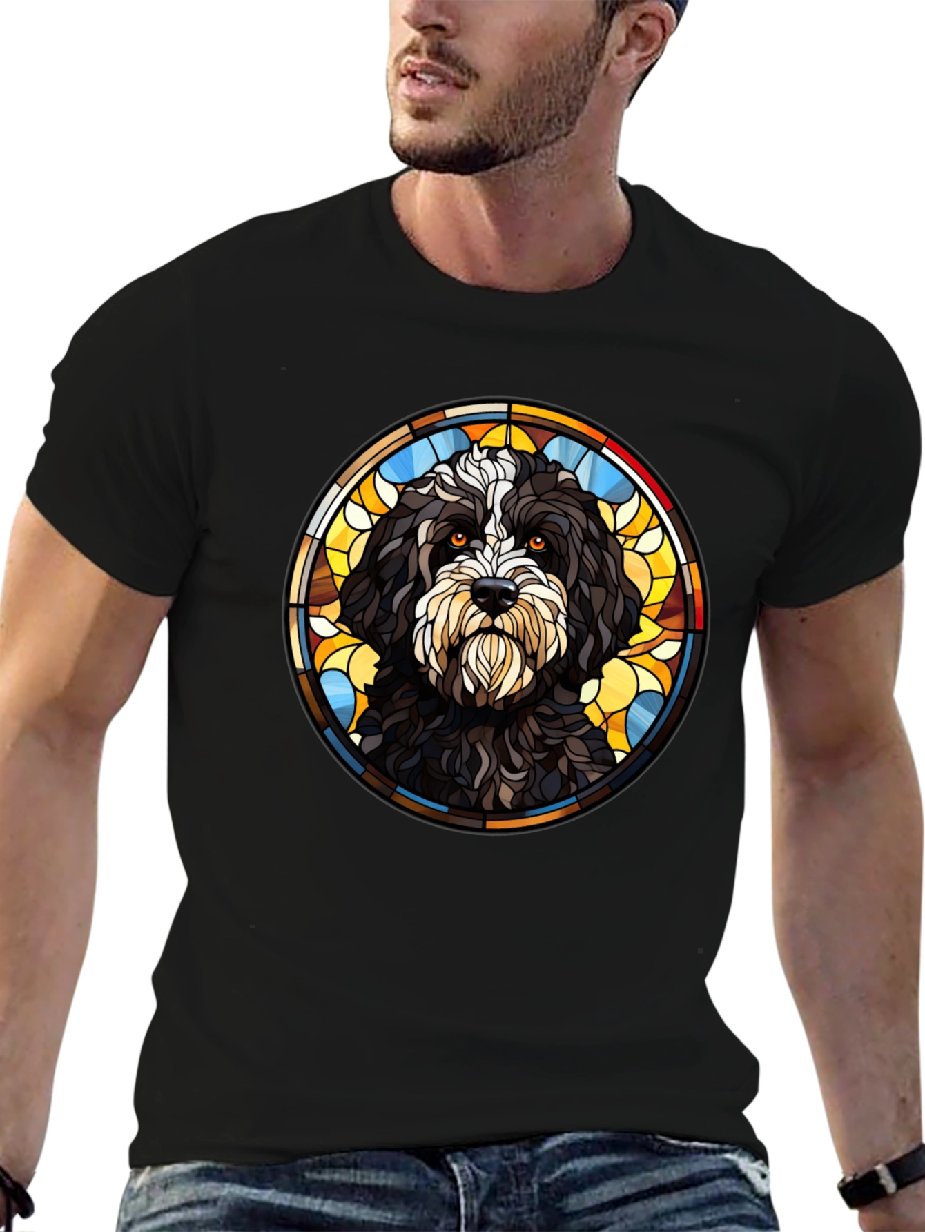 Camiseta Negra con Diseño de Perro Vitral