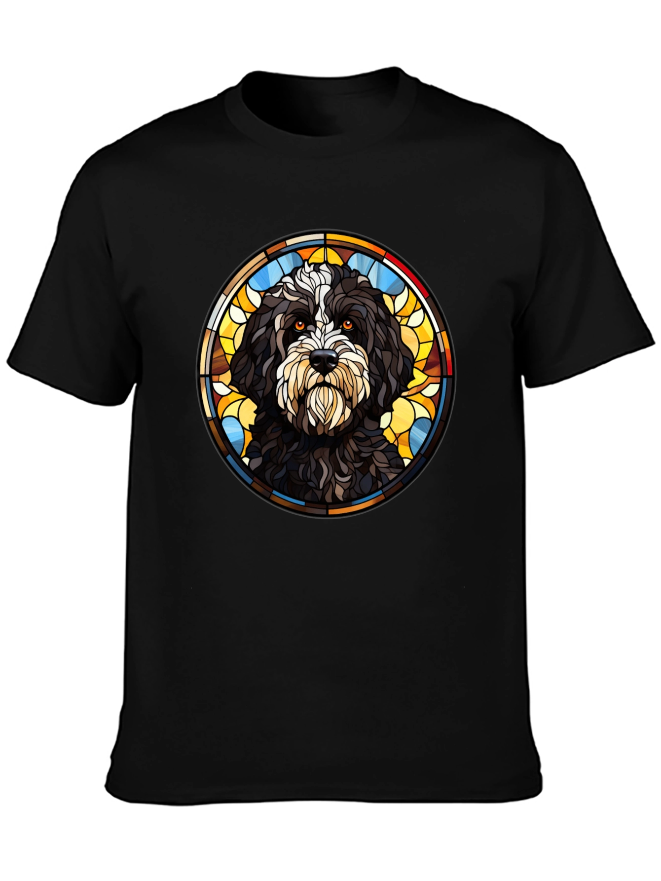 Camiseta Negra con Diseño de Perro Vitral