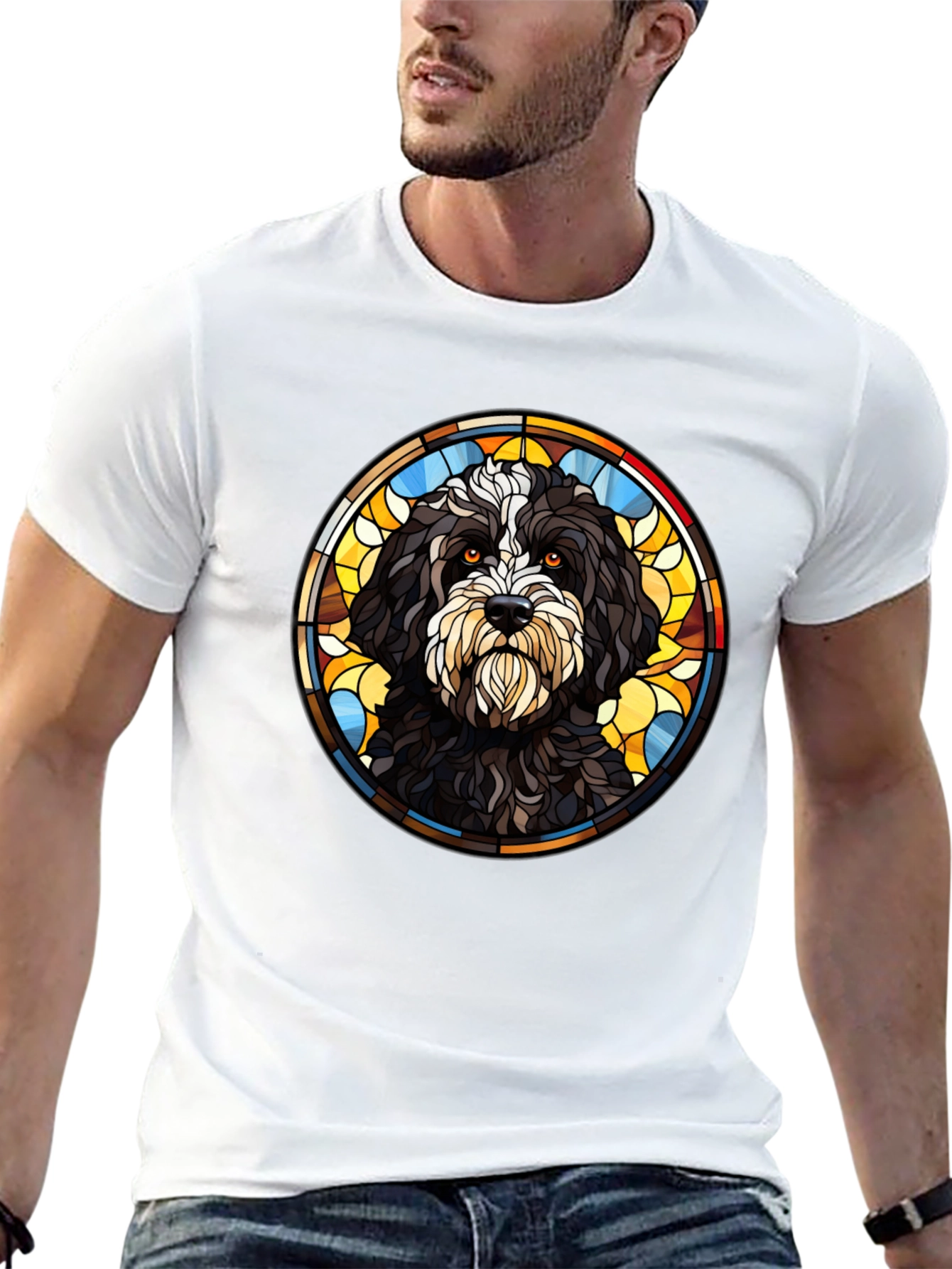 Camiseta Negra con Diseño de Perro Vitral