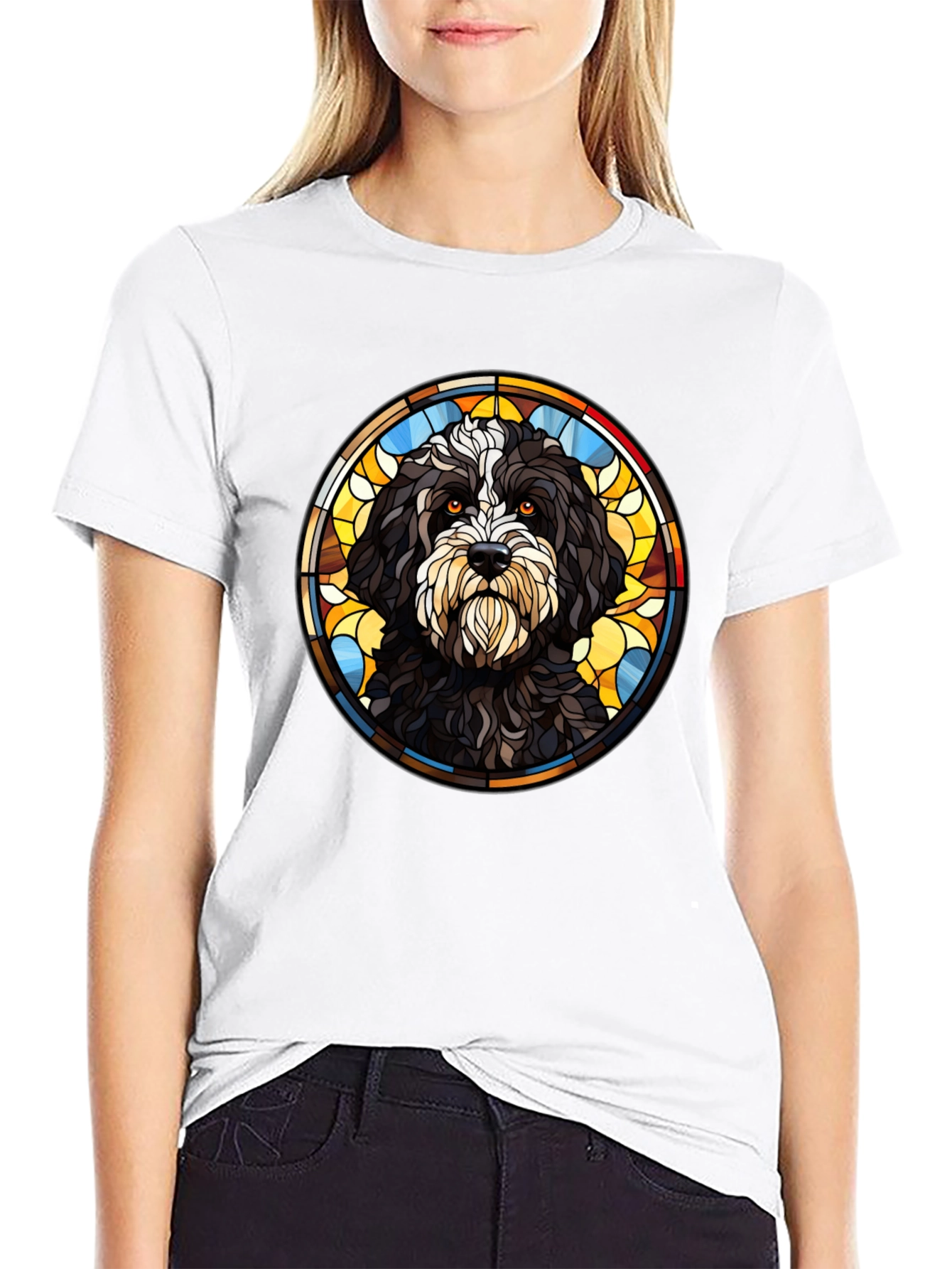 Camiseta Negra con Diseño de Perro Vitral