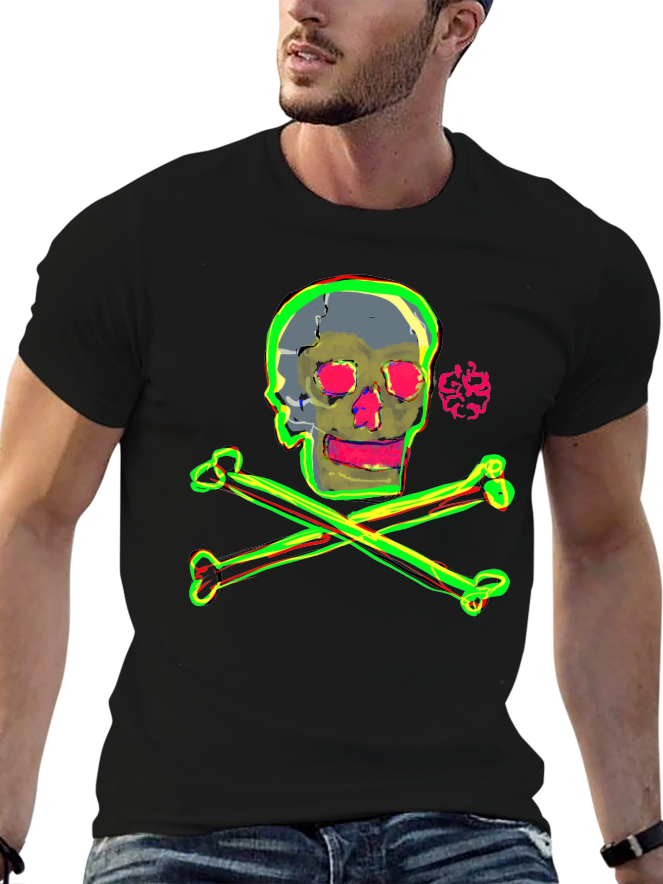 Camiseta Negra con Diseño de Calavera Neón