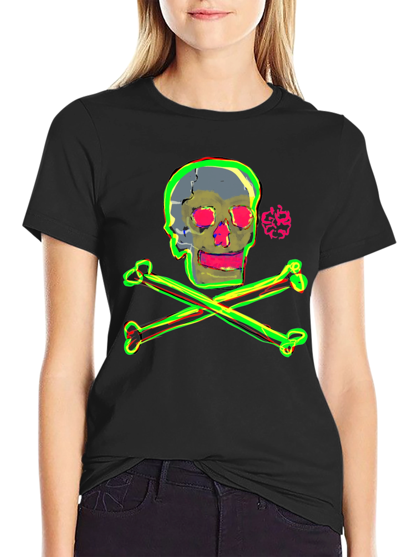 Camiseta Negra con Diseño de Calavera Neón