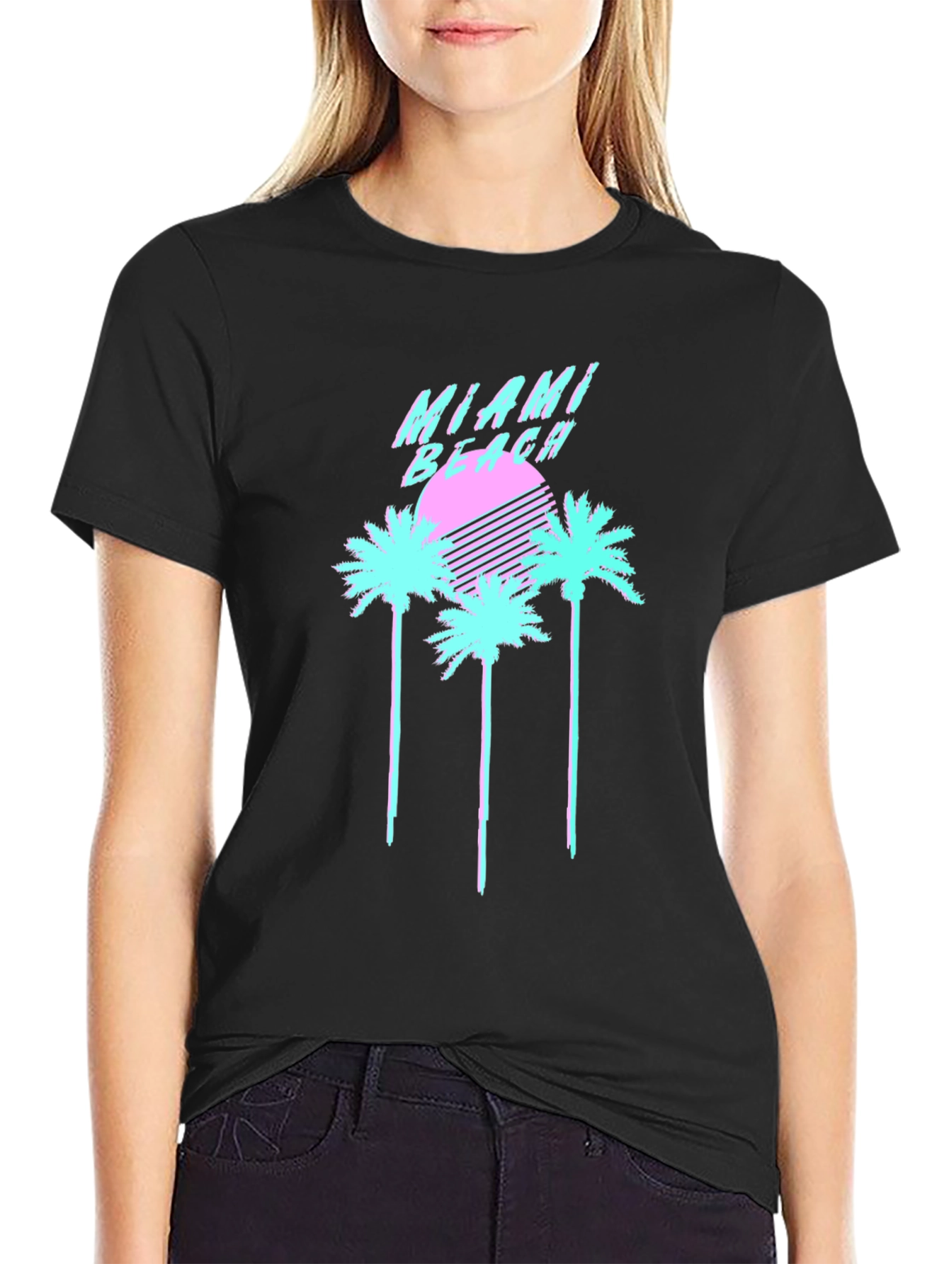 Camiseta Negra Miami Beach Retro Vaporwave