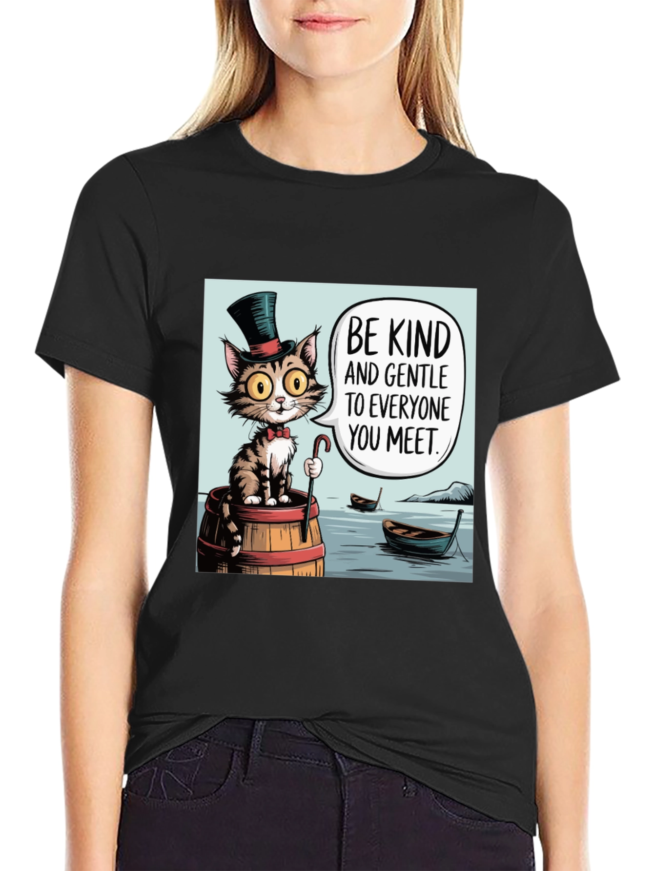 Camiseta Negra: Gato Gentil