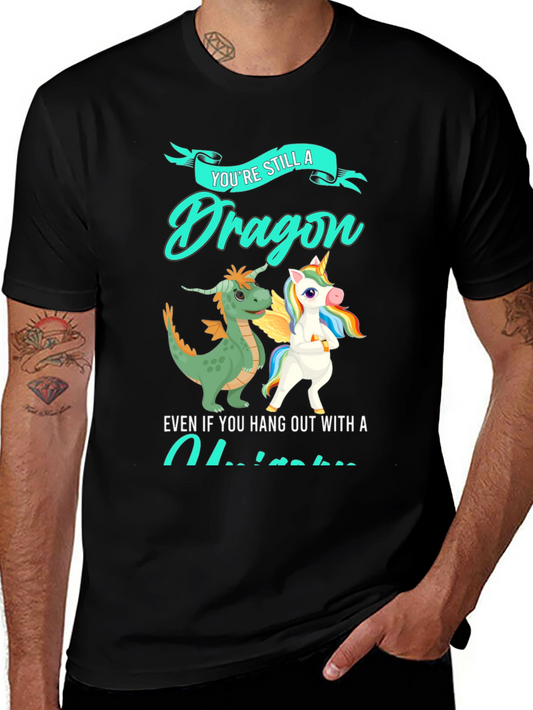 Camiseta Negra: Dragón & Unicornio - Amistad Fantástica