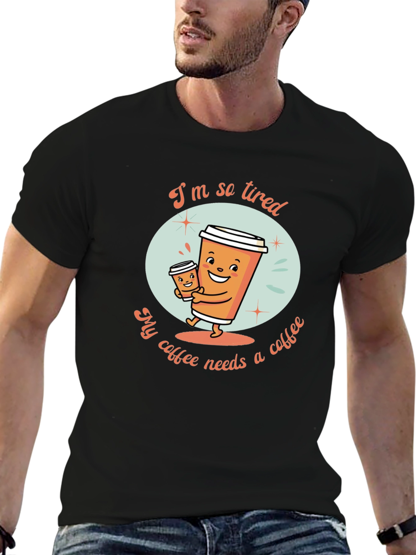 Camiseta Negra con Diseño de Café Cansado