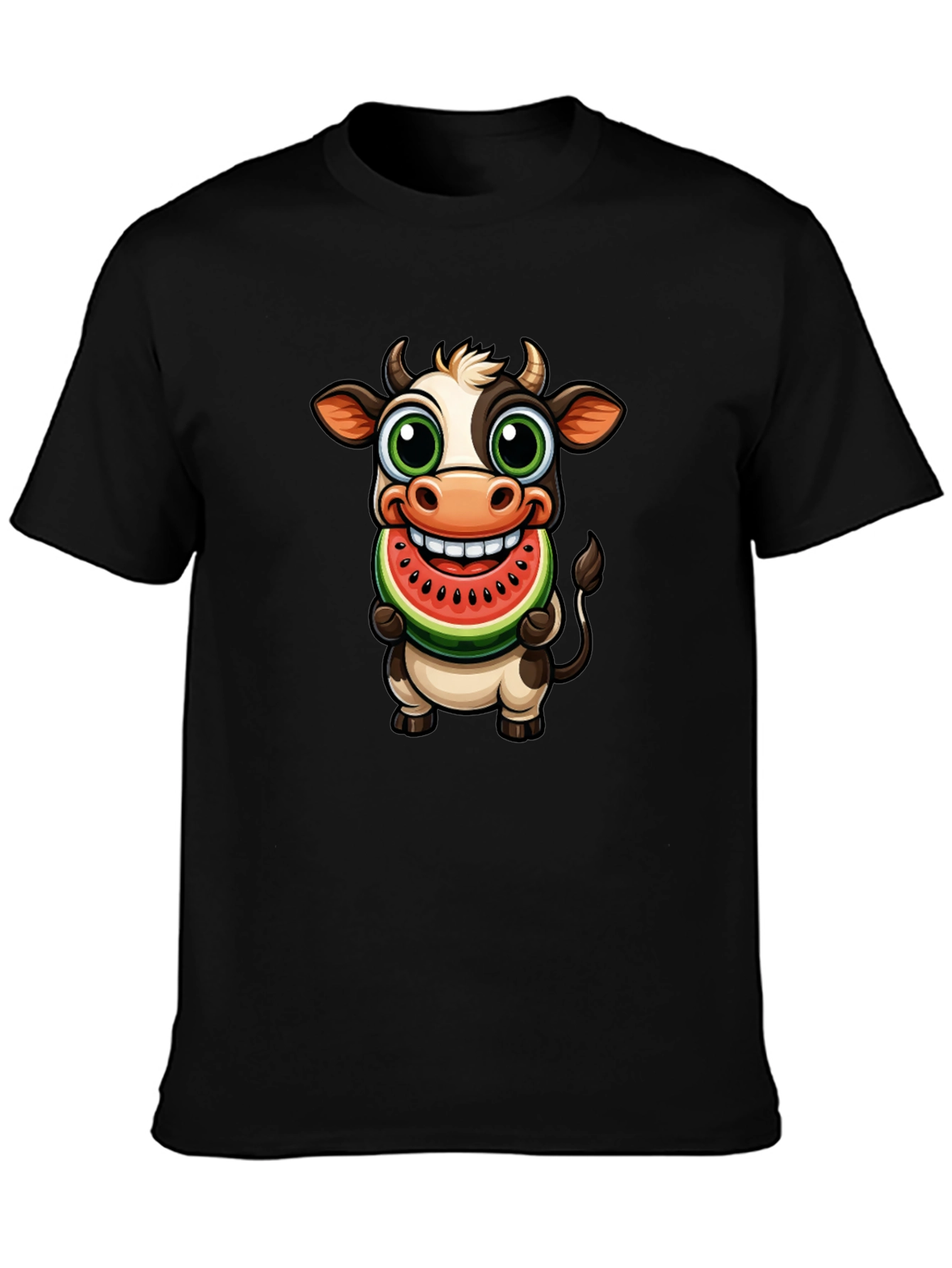 Camiseta Negra con Vaca Comiendo Sandía