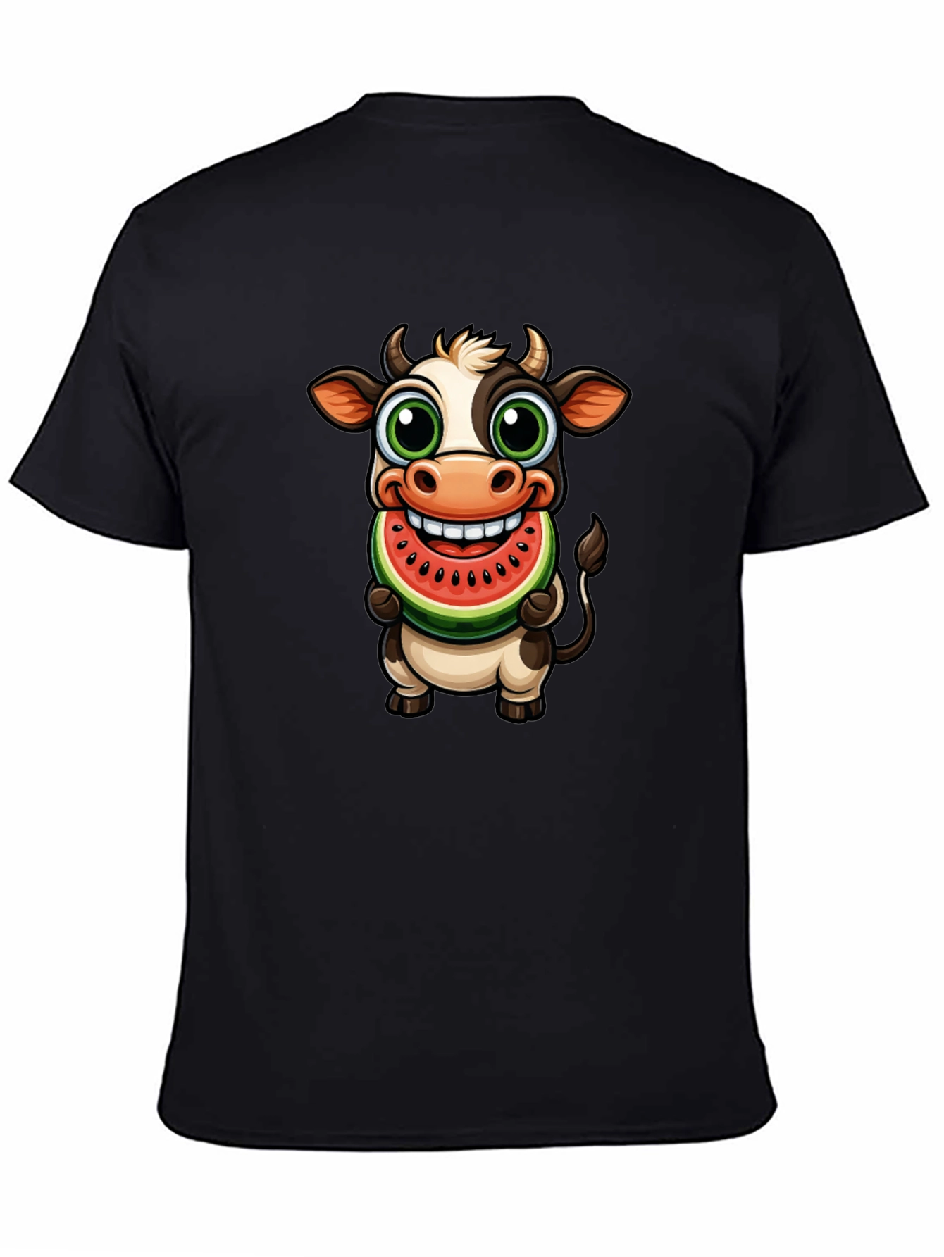 Camiseta Negra con Vaca Comiendo Sandía