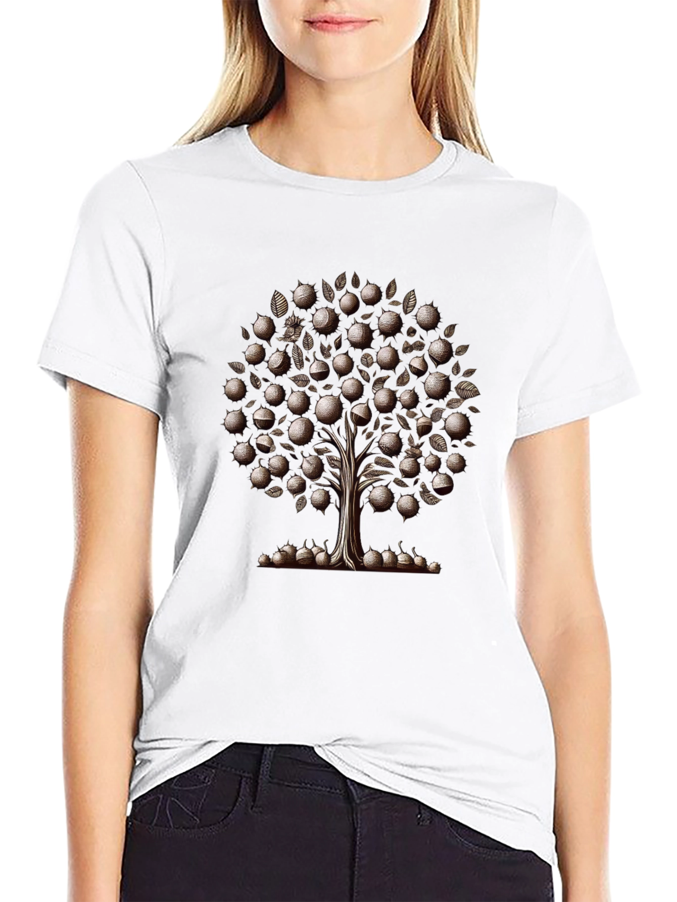 Camiseta Negra Árbol de Frutas Estilizado