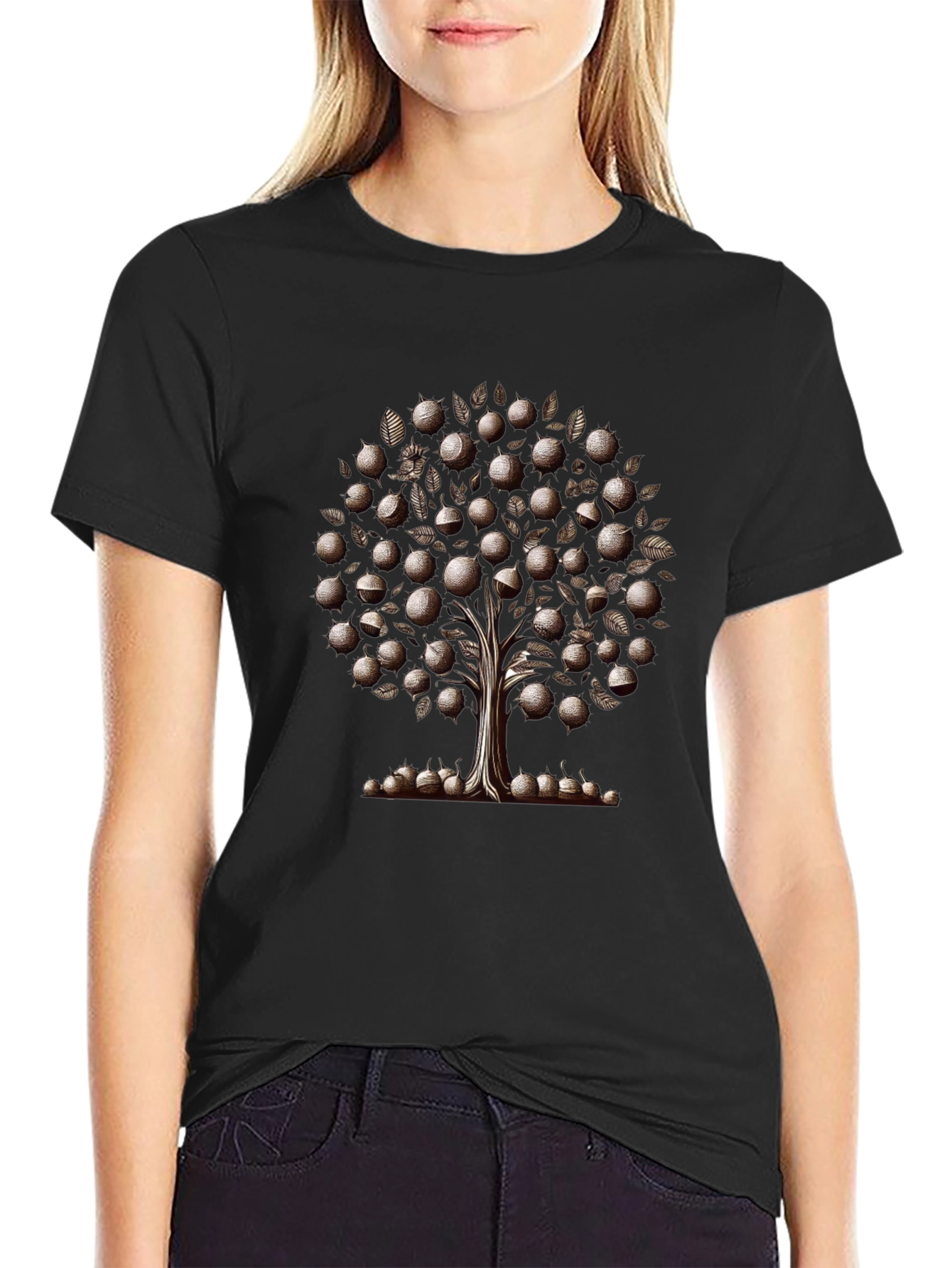 Camiseta Negra Árbol de Frutas Estilizado