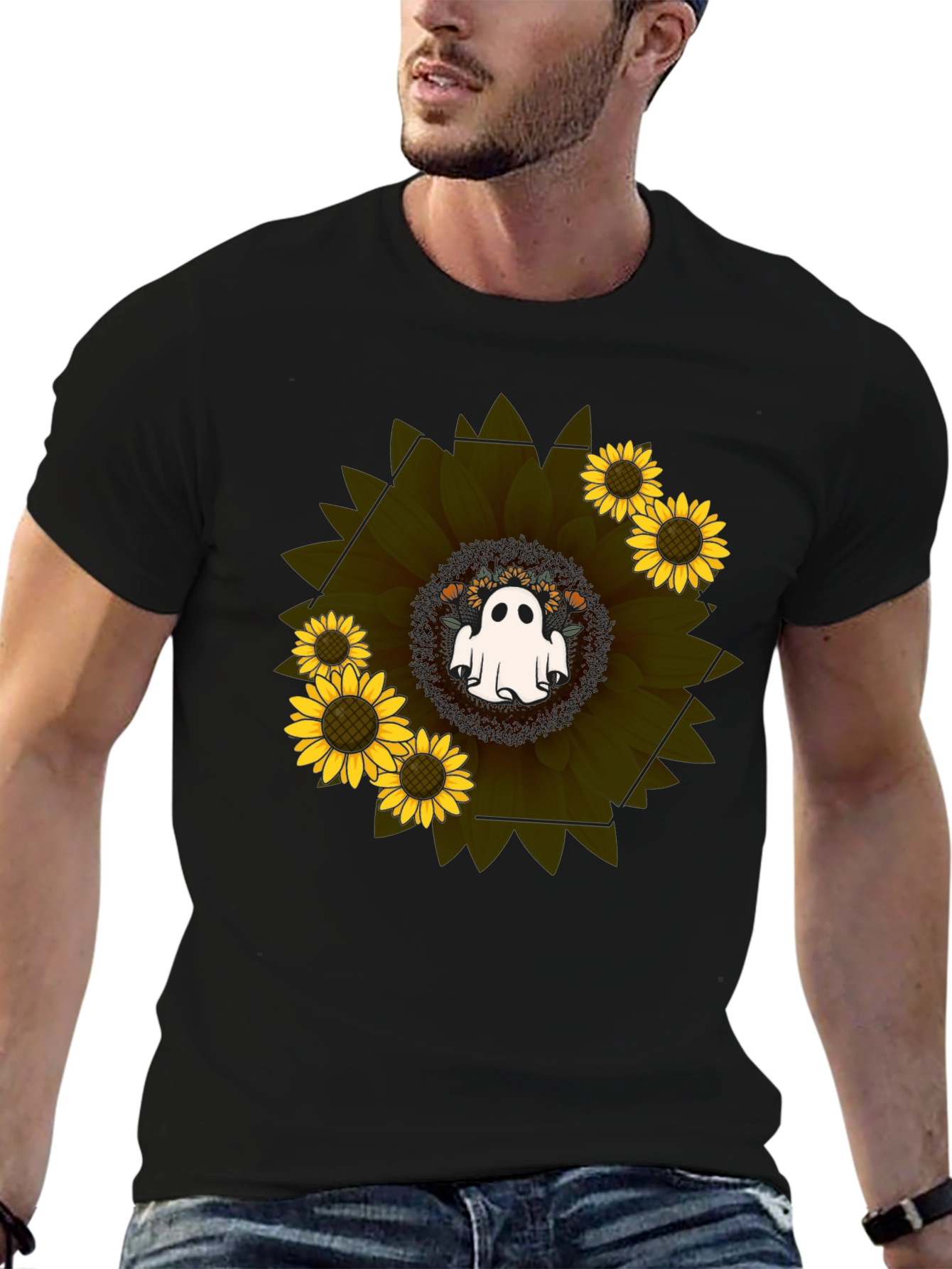 Camiseta Negra con Girasol y Fantasma