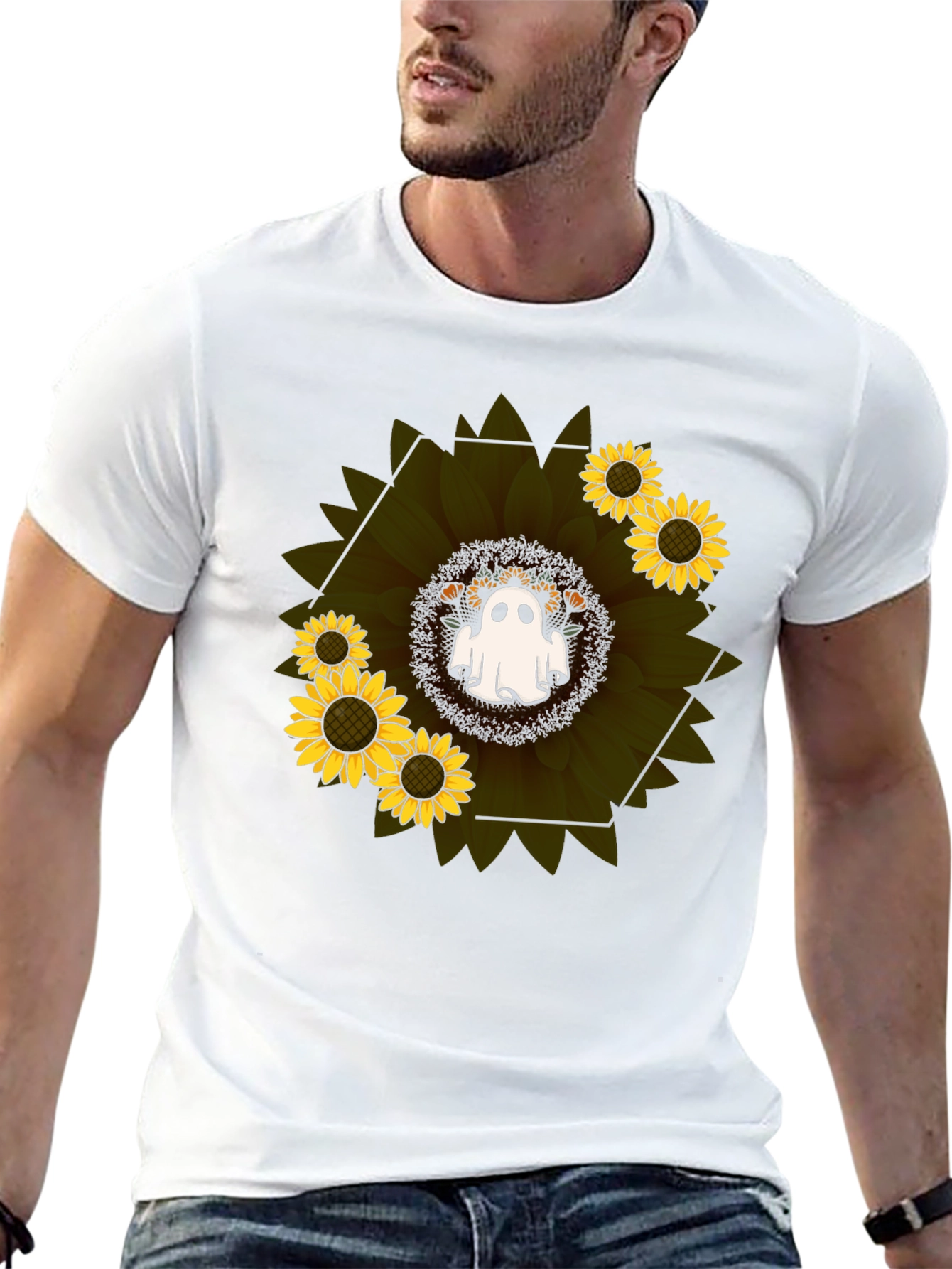 Camiseta Negra con Girasol y Fantasma