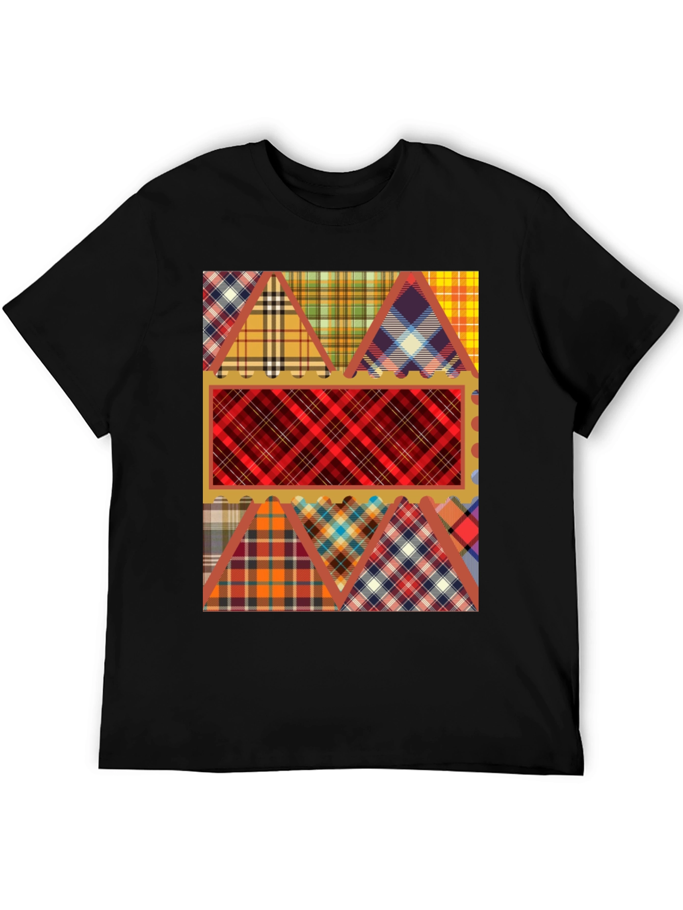 Camiseta Negra con Diseño de Tartán Patchwork