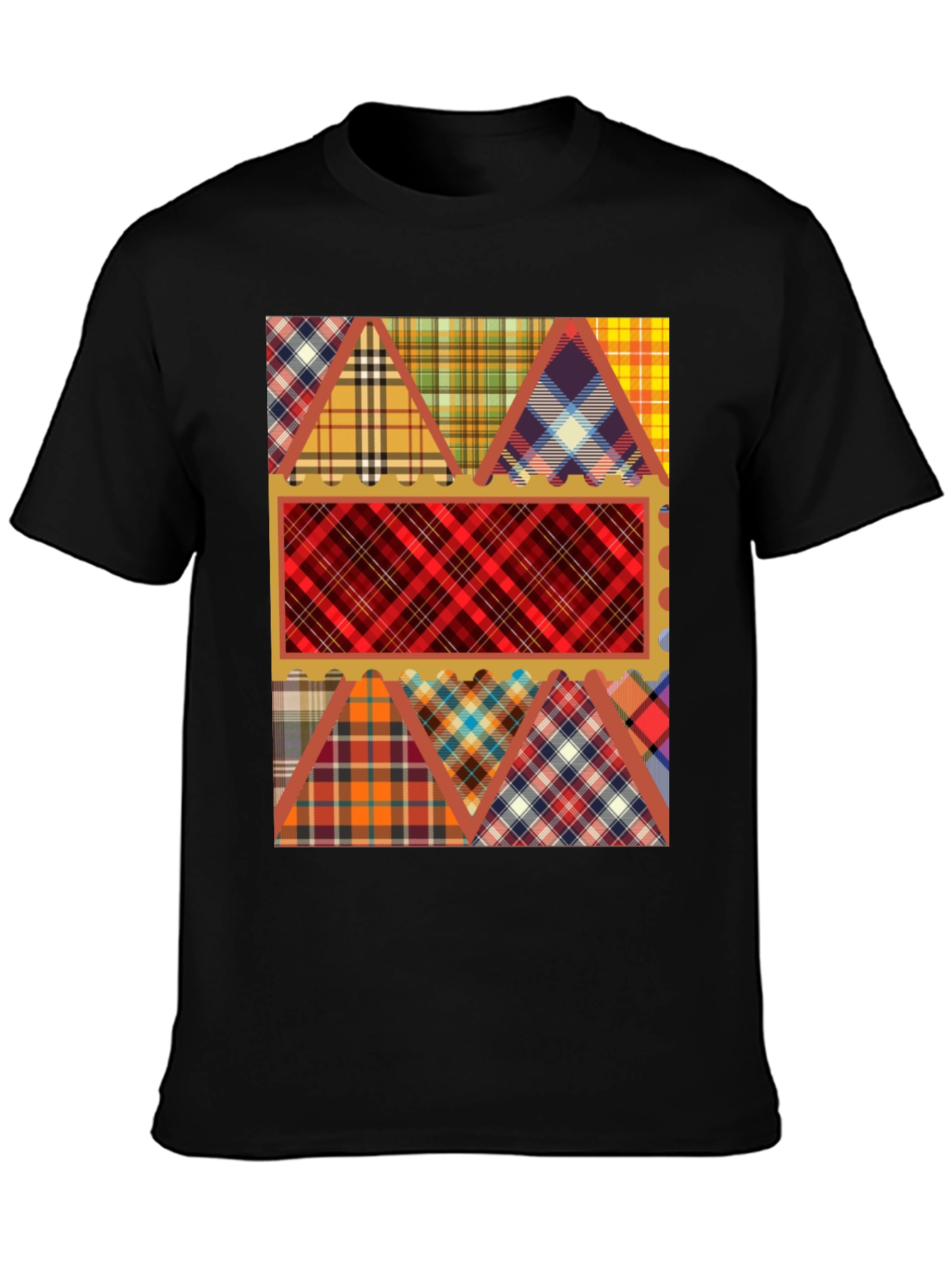 Camiseta Negra con Diseño de Tartán Patchwork