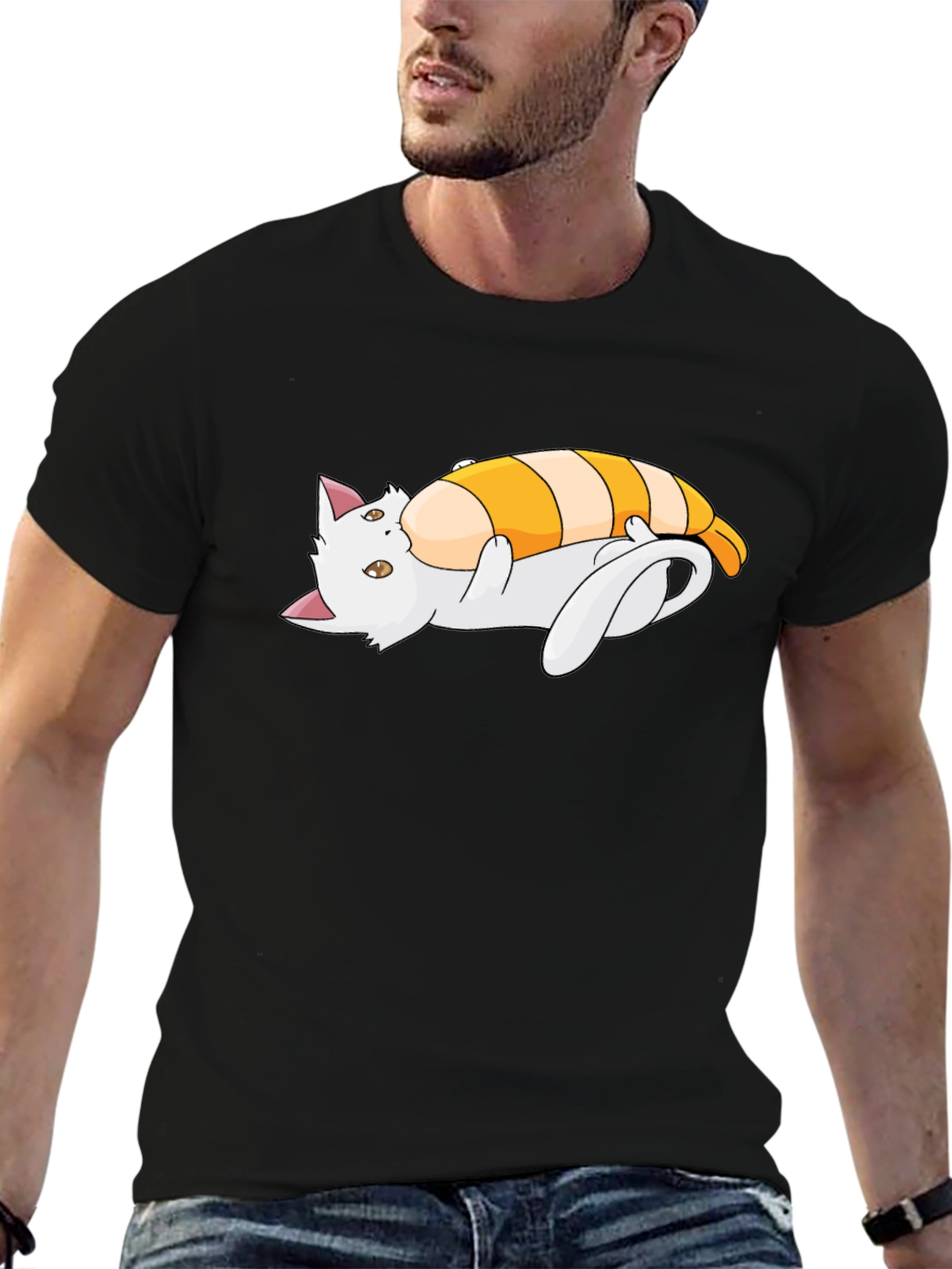 Camiseta Negra con Diseño de Gato y Camarón