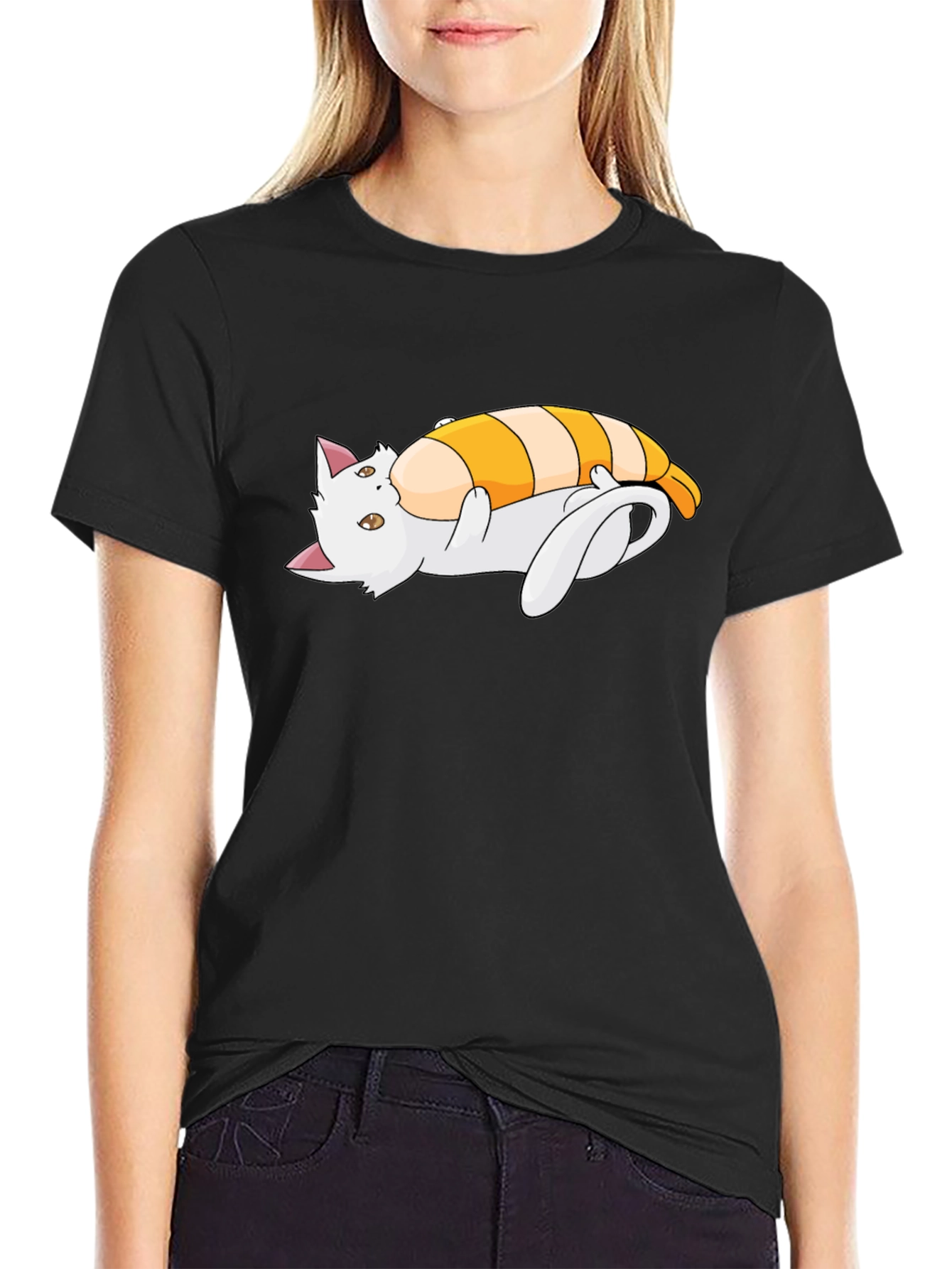 Camiseta Negra con Diseño de Gato y Camarón