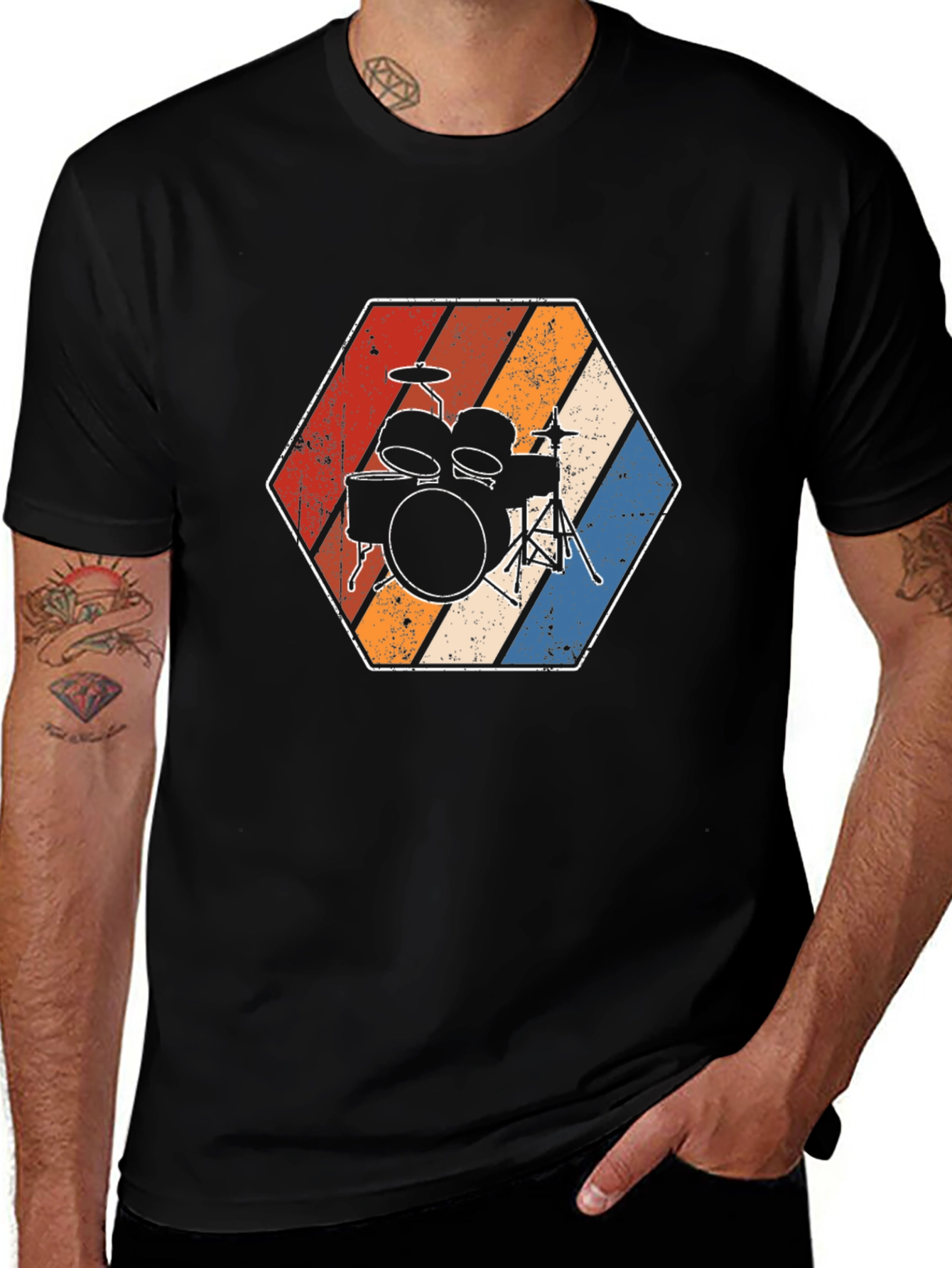 Camiseta Negra con Diseño de Batería Retro