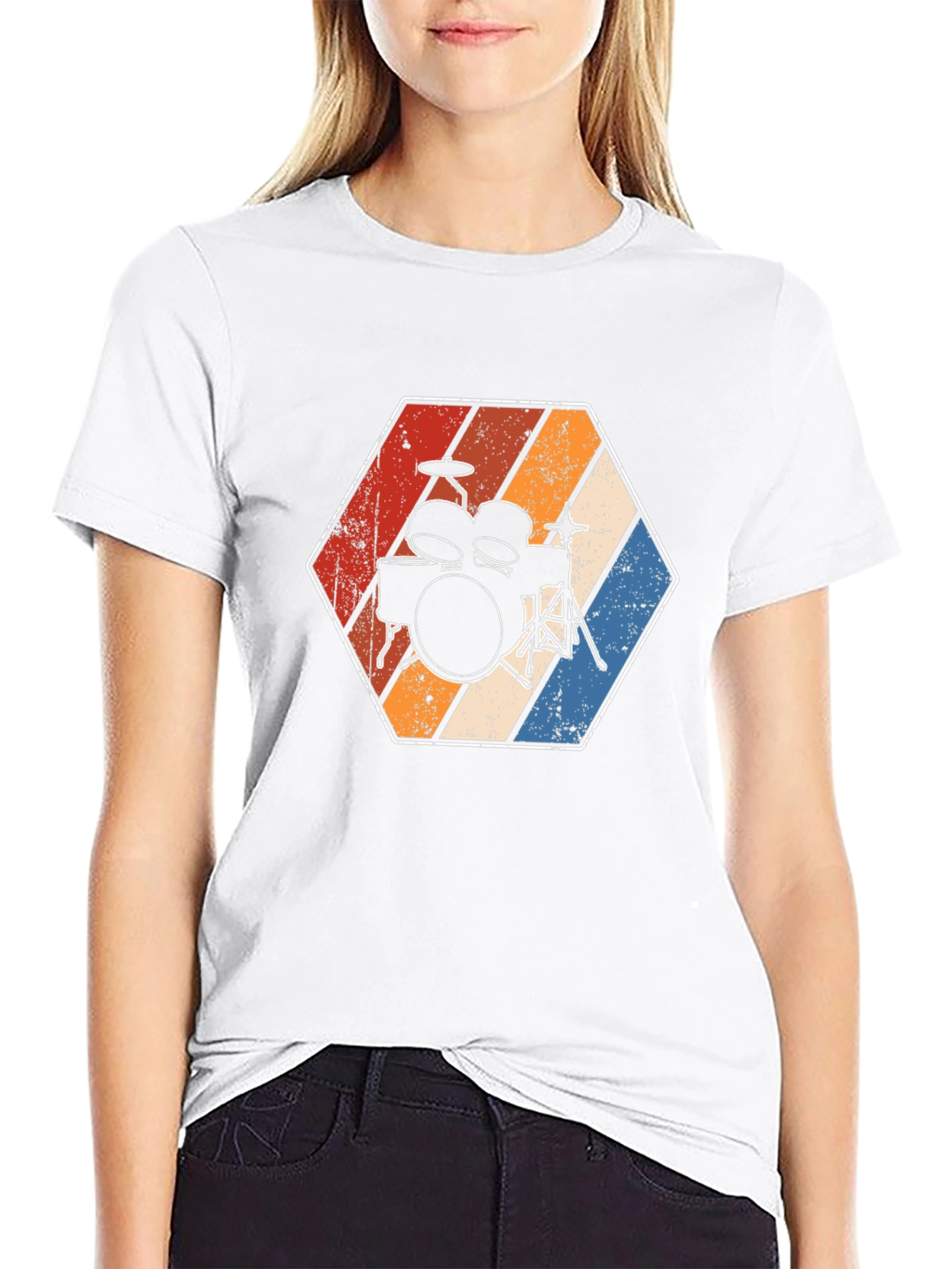 Camiseta Negra con Diseño de Batería Retro