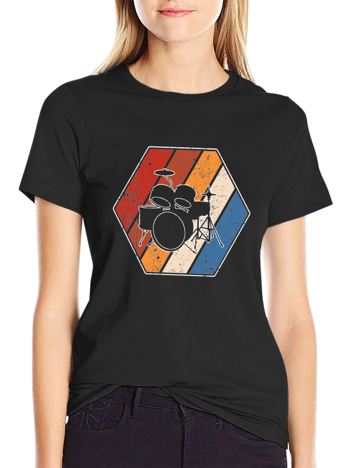 Camiseta Negra con Diseño de Batería Retro