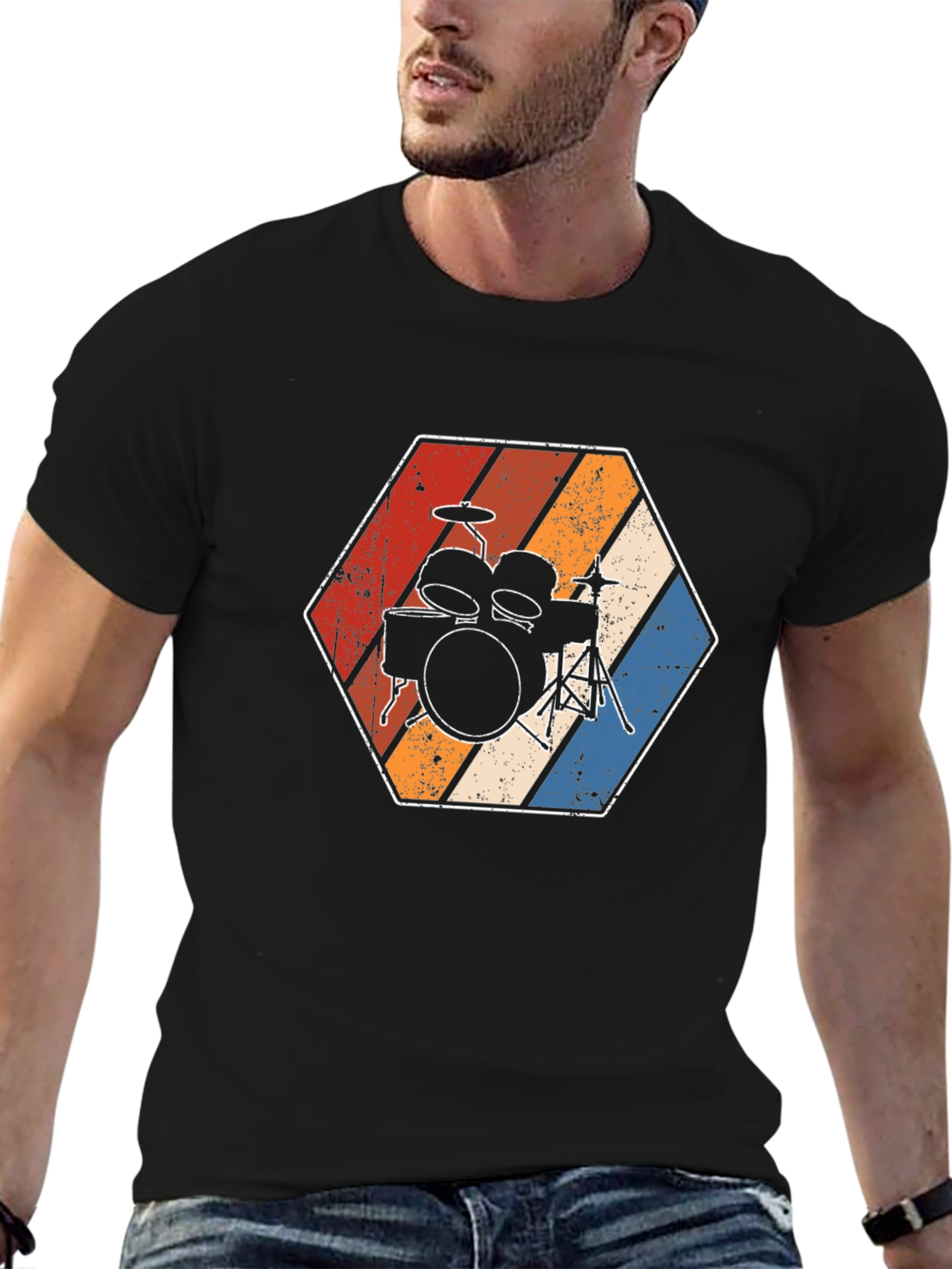 Camiseta Negra con Diseño de Batería Retro