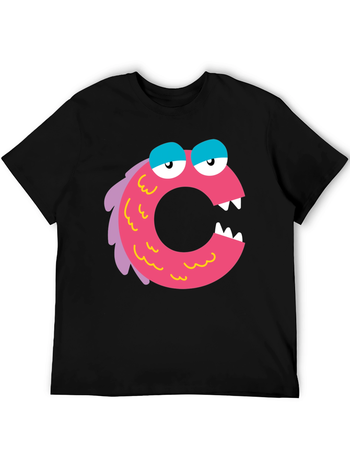 Camiseta Negra con Diseño de Monstruo Letra C Rosa