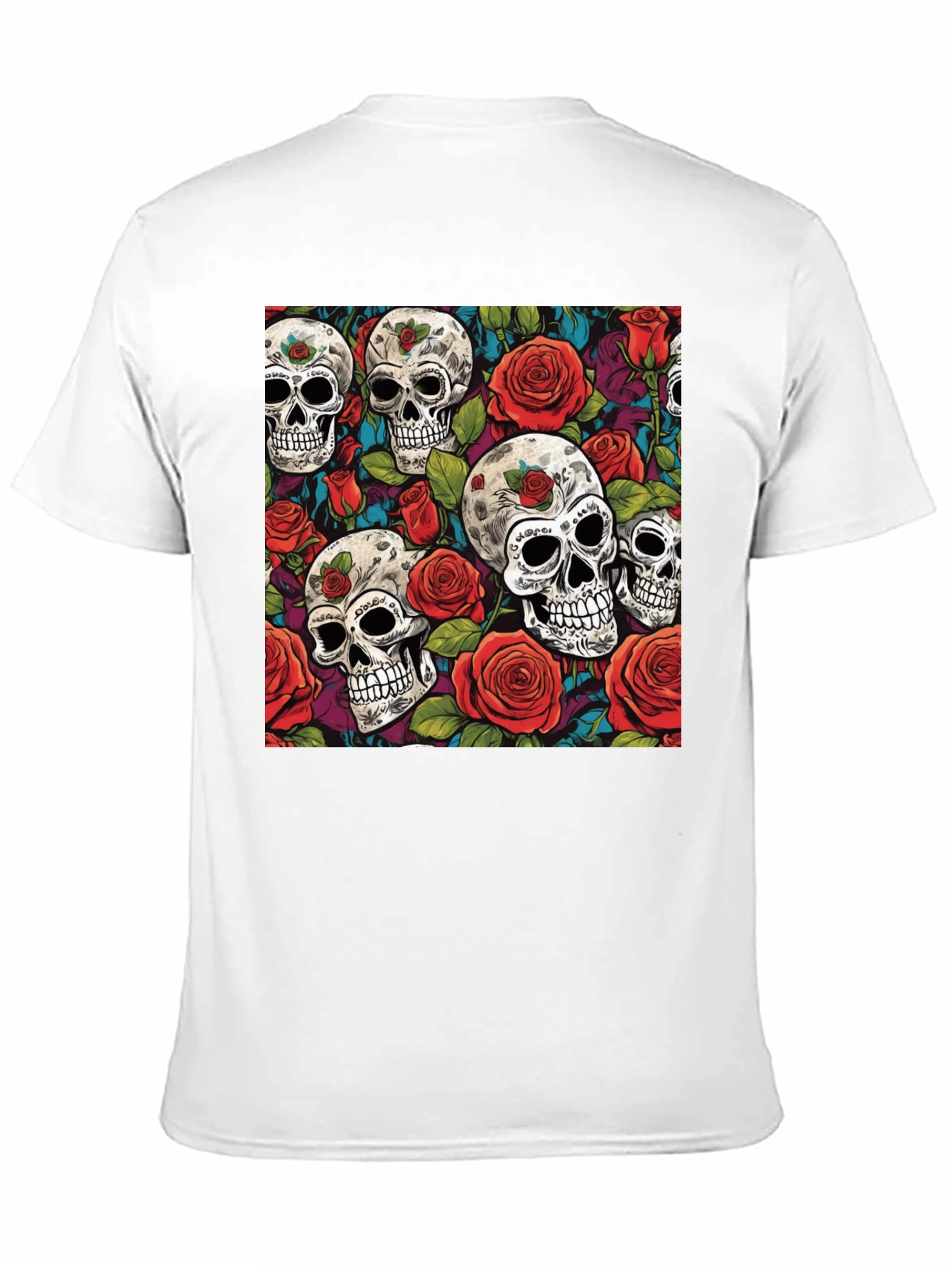 Camiseta Negra Calaveras y Rosas Estampadas