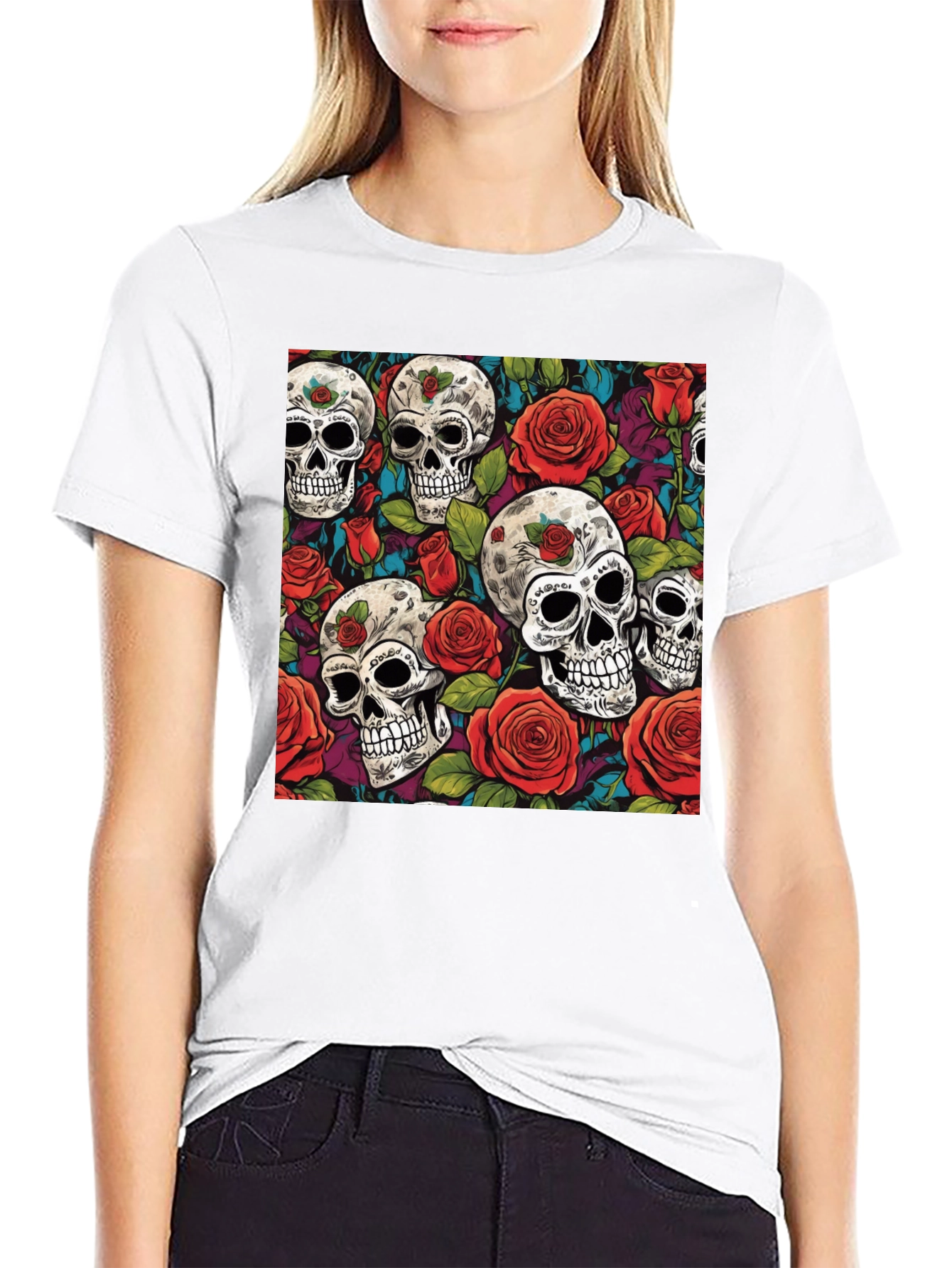 Camiseta Negra Calaveras y Rosas Estampadas