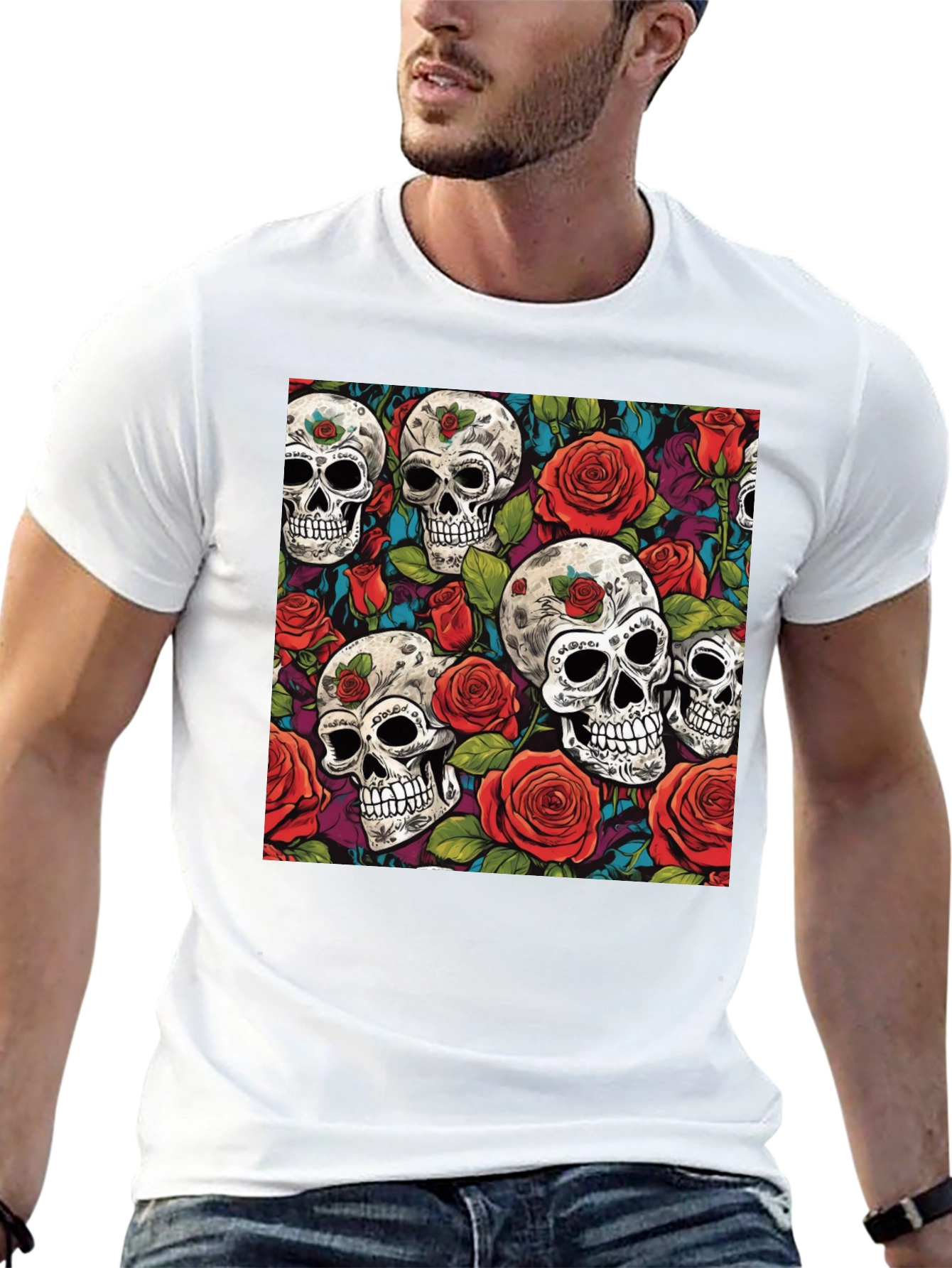 Camiseta Negra Calaveras y Rosas Estampadas