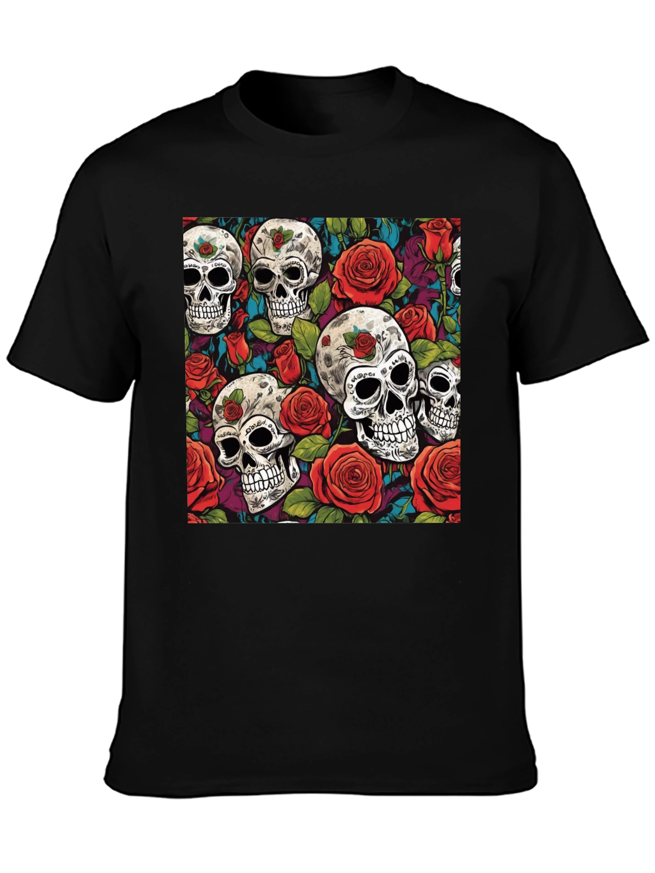 Camiseta Negra Calaveras y Rosas Estampadas