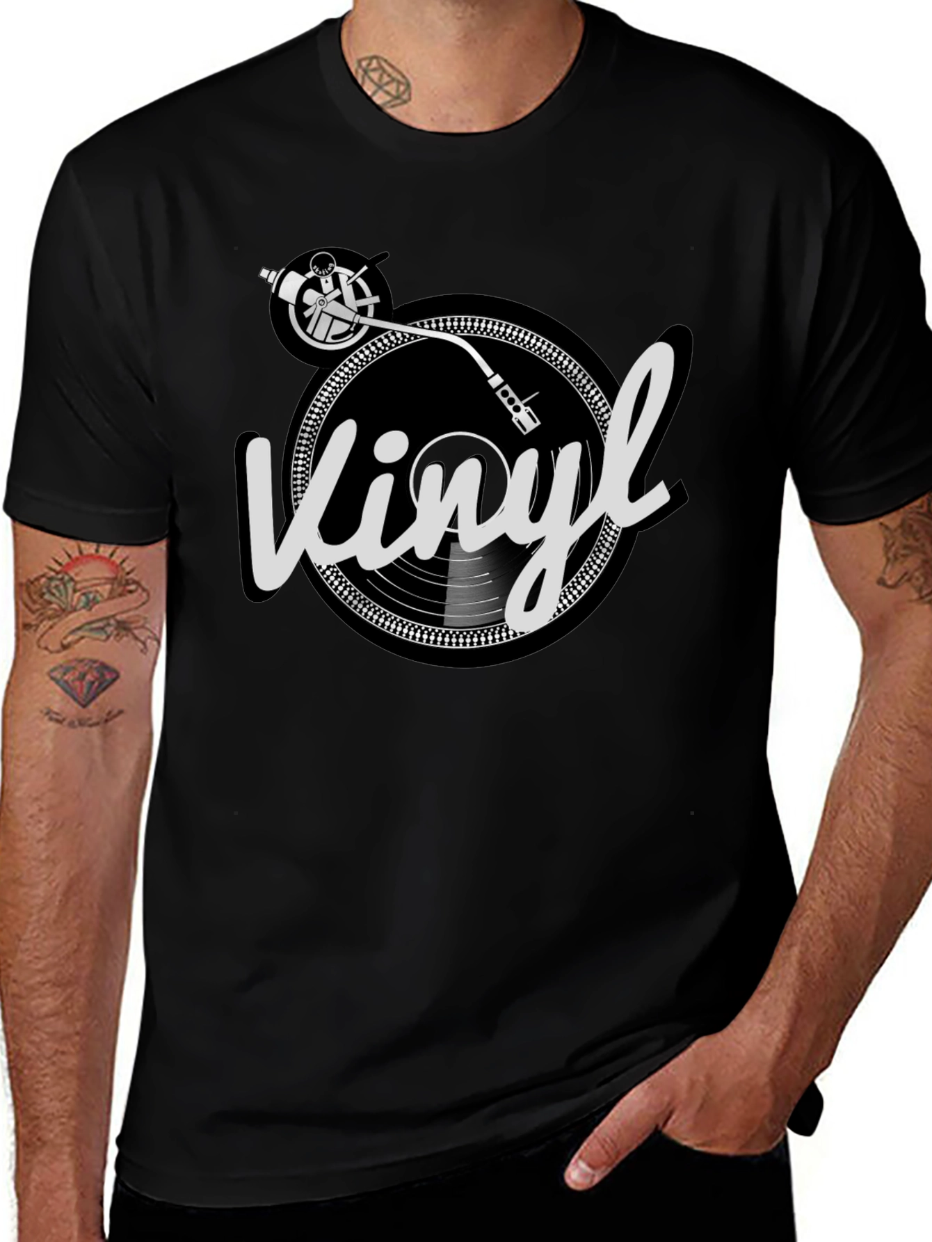 Camiseta Hombre Negra Diseño Vinilo Retro