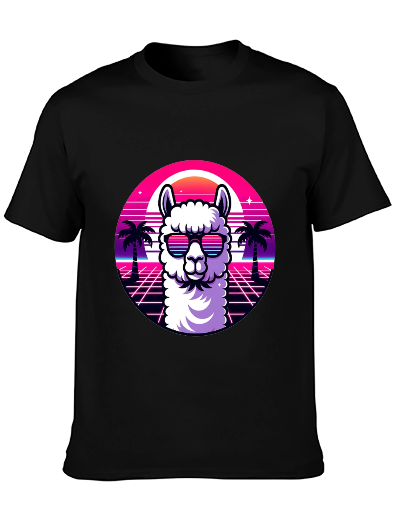 Camiseta Negra con Diseño Retro de Llama con Gafas