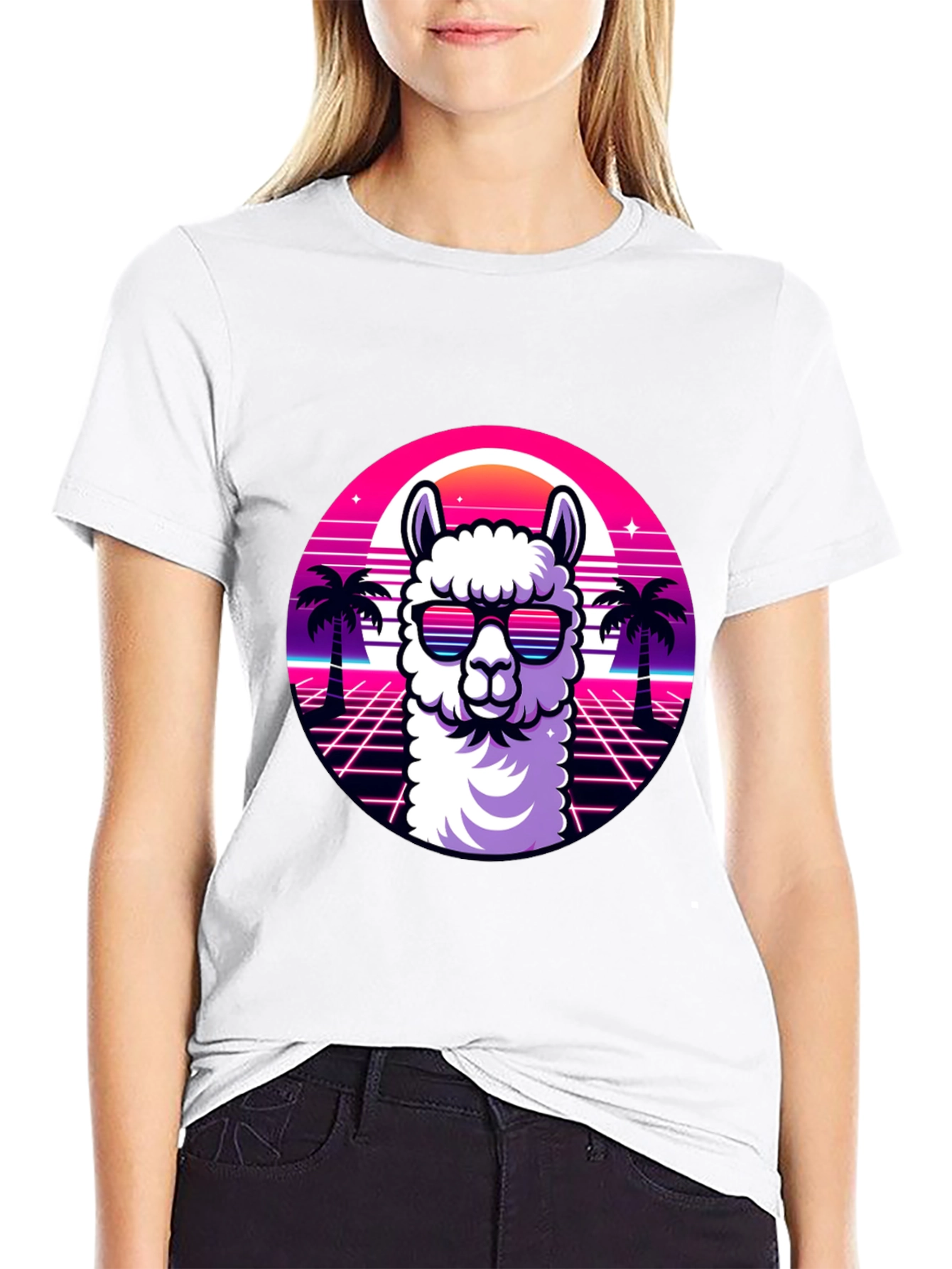 Camiseta Negra con Diseño Retro de Llama con Gafas