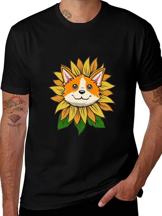Camiseta Negra con Diseño de Corgi y Girasol