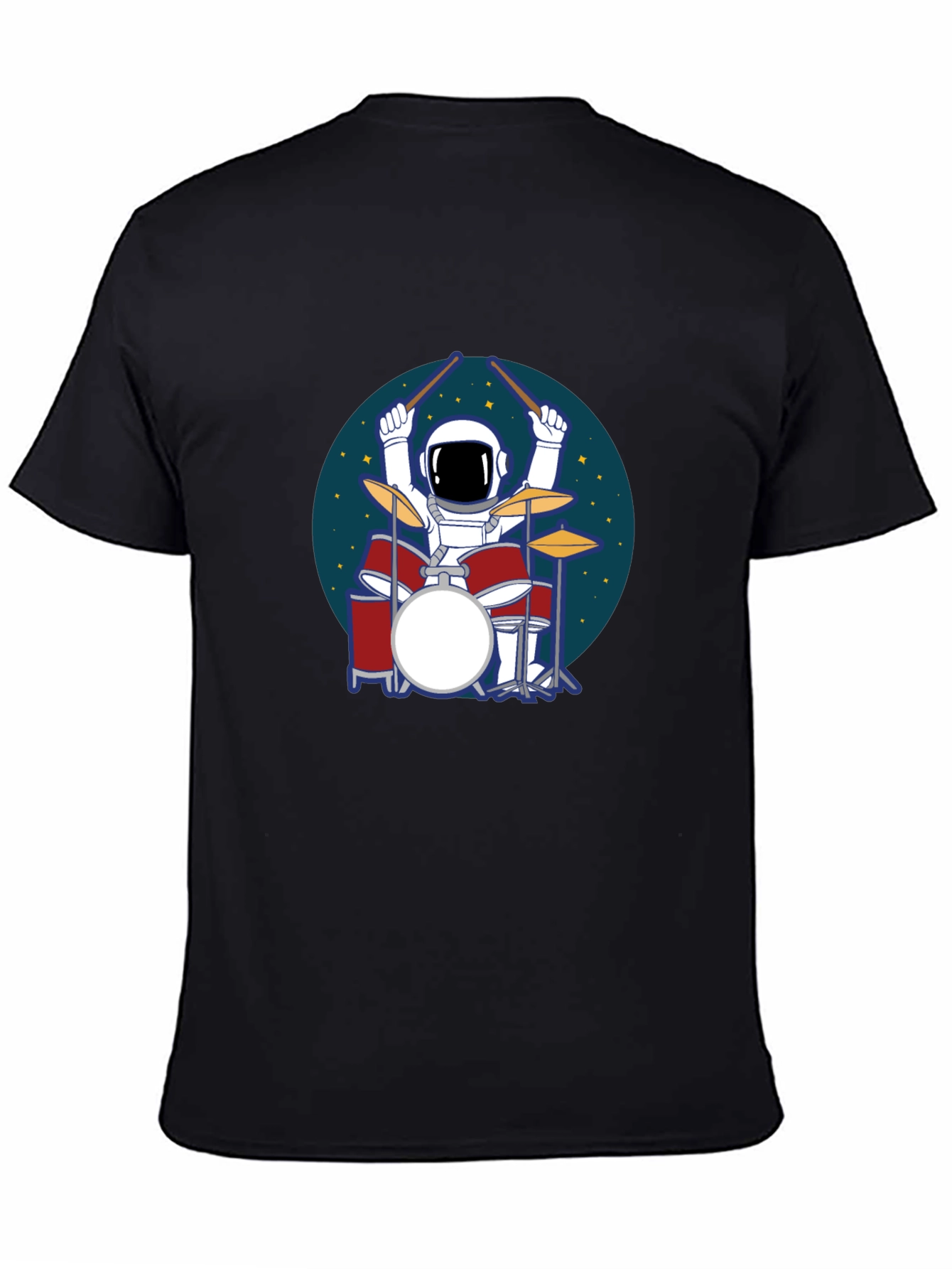 Camiseta Hombre Negra Astronauta Baterista Espacial