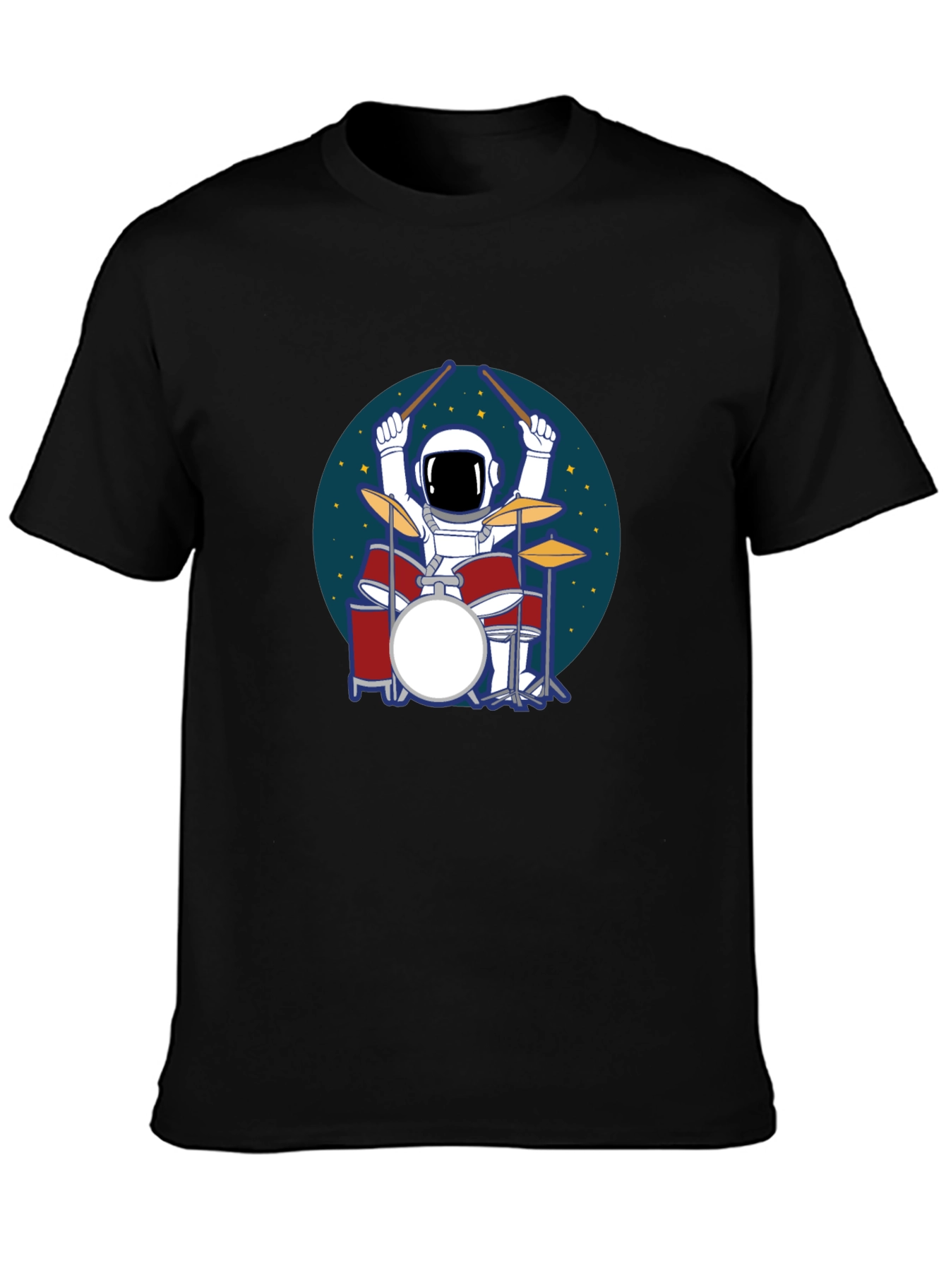 Camiseta Hombre Negra Astronauta Baterista Espacial