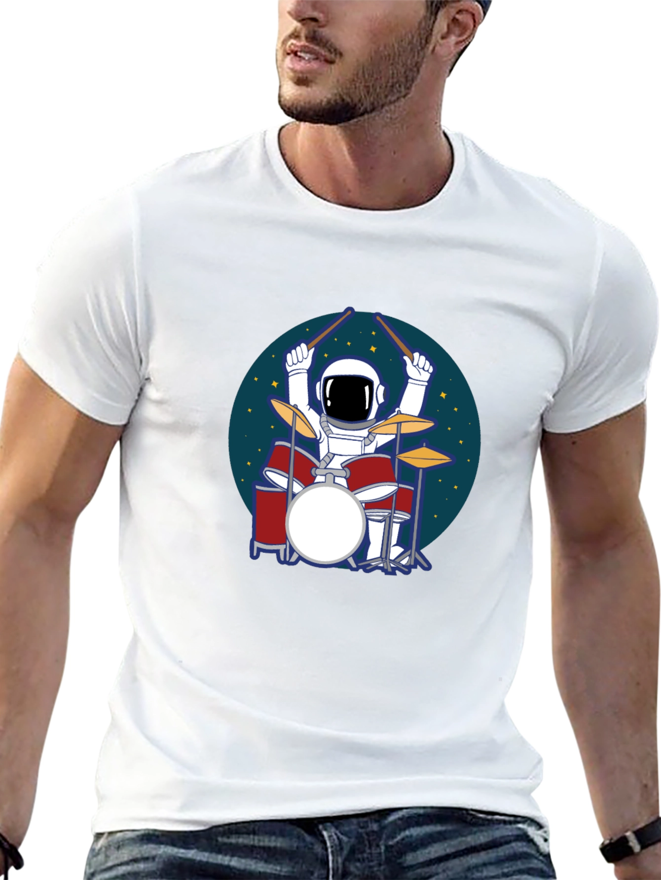 Camiseta Hombre Negra Astronauta Baterista Espacial