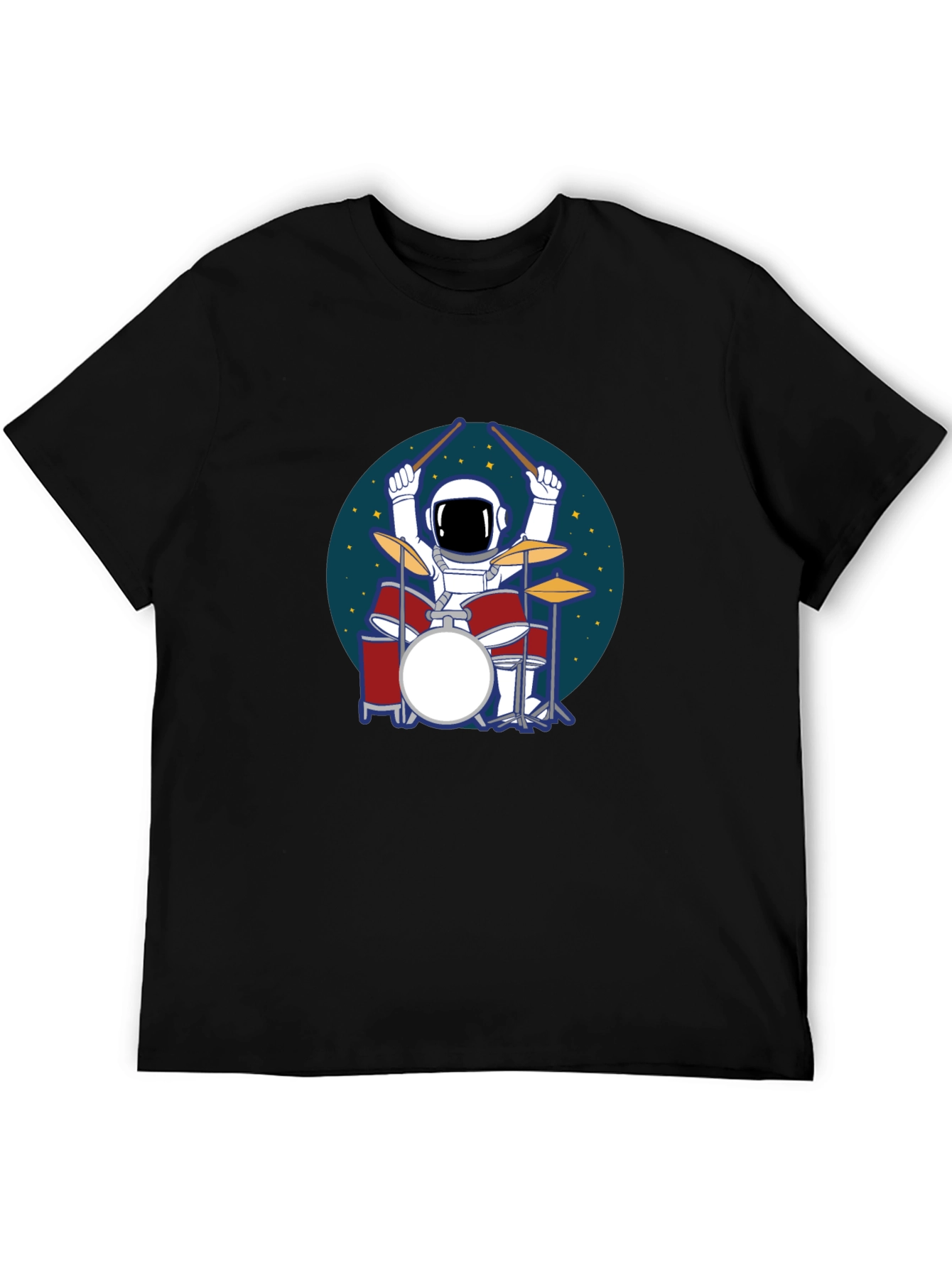 Camiseta Hombre Negra Astronauta Baterista Espacial