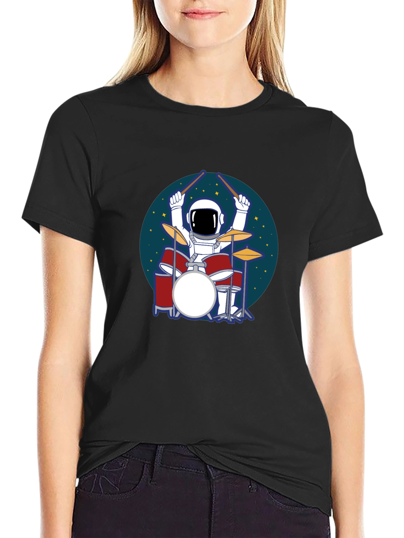Camiseta Hombre Negra Astronauta Baterista Espacial