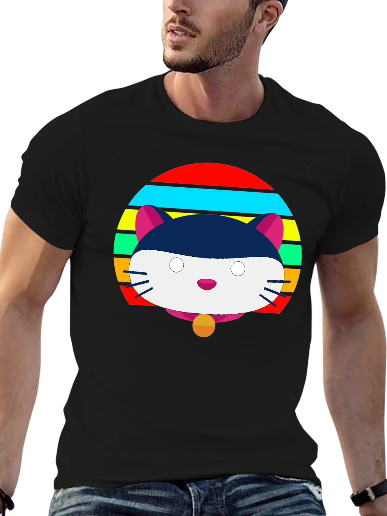 Camiseta Negra con Diseño de Gato Retro