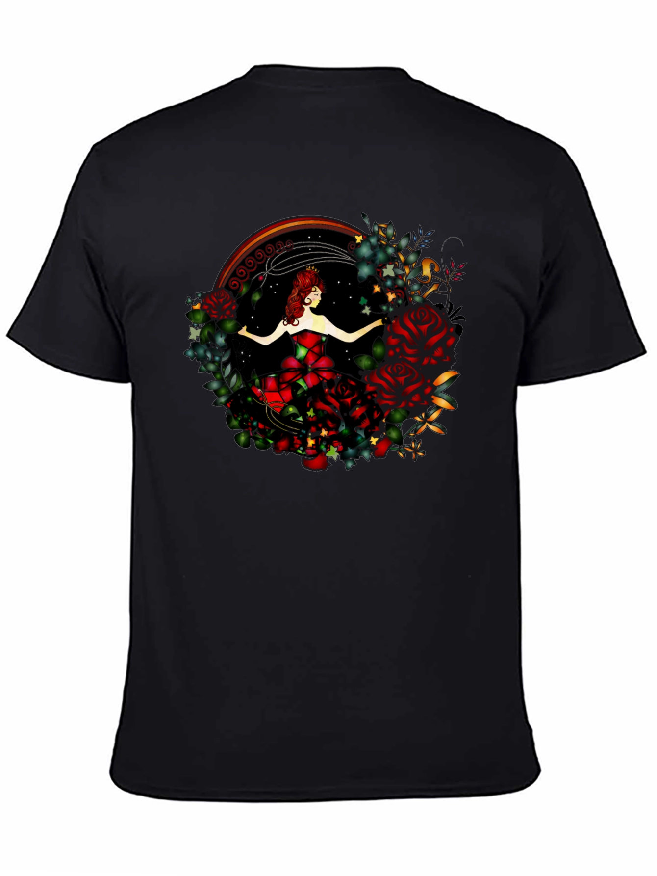 Camiseta Negra con Diseño de Rosa y Bailarina