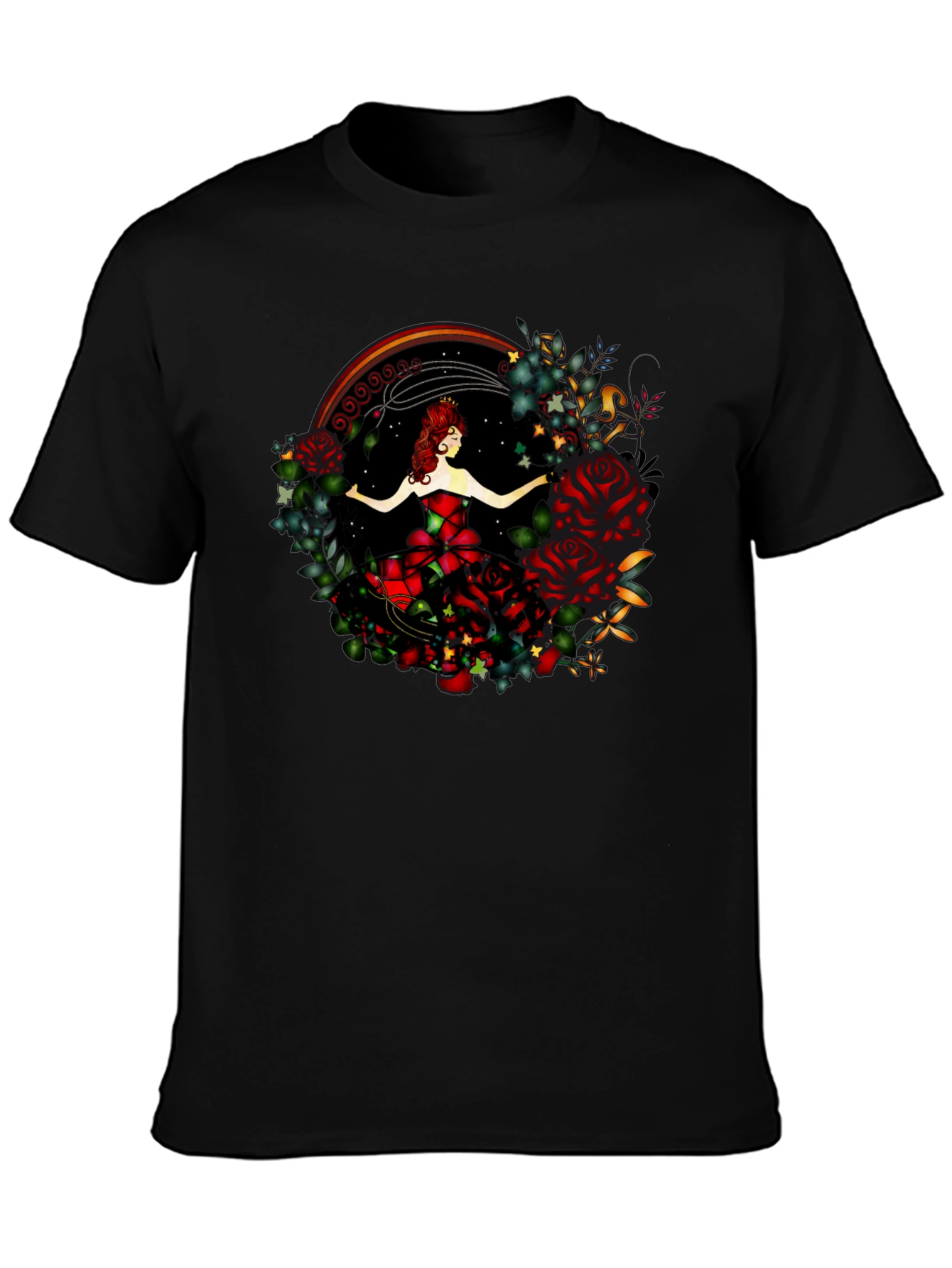Camiseta Negra con Diseño de Rosa y Bailarina