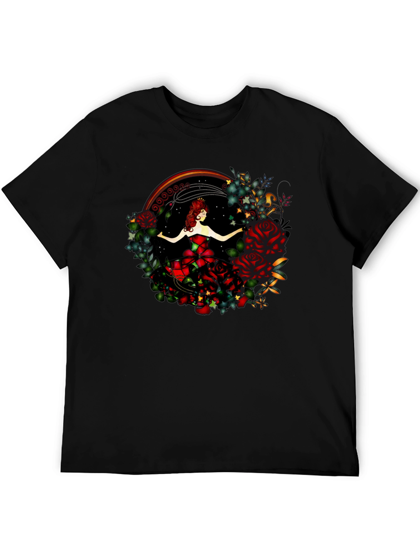 Camiseta Negra con Diseño de Rosa y Bailarina