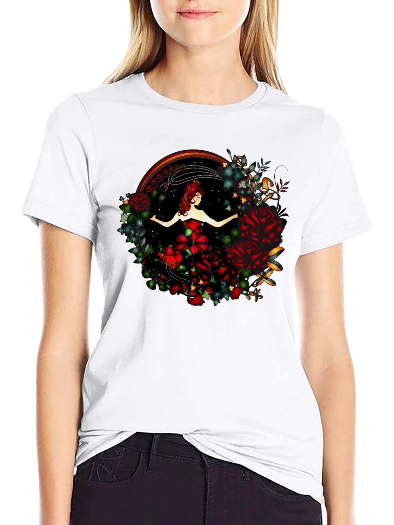 Camiseta Negra con Diseño de Rosa y Bailarina