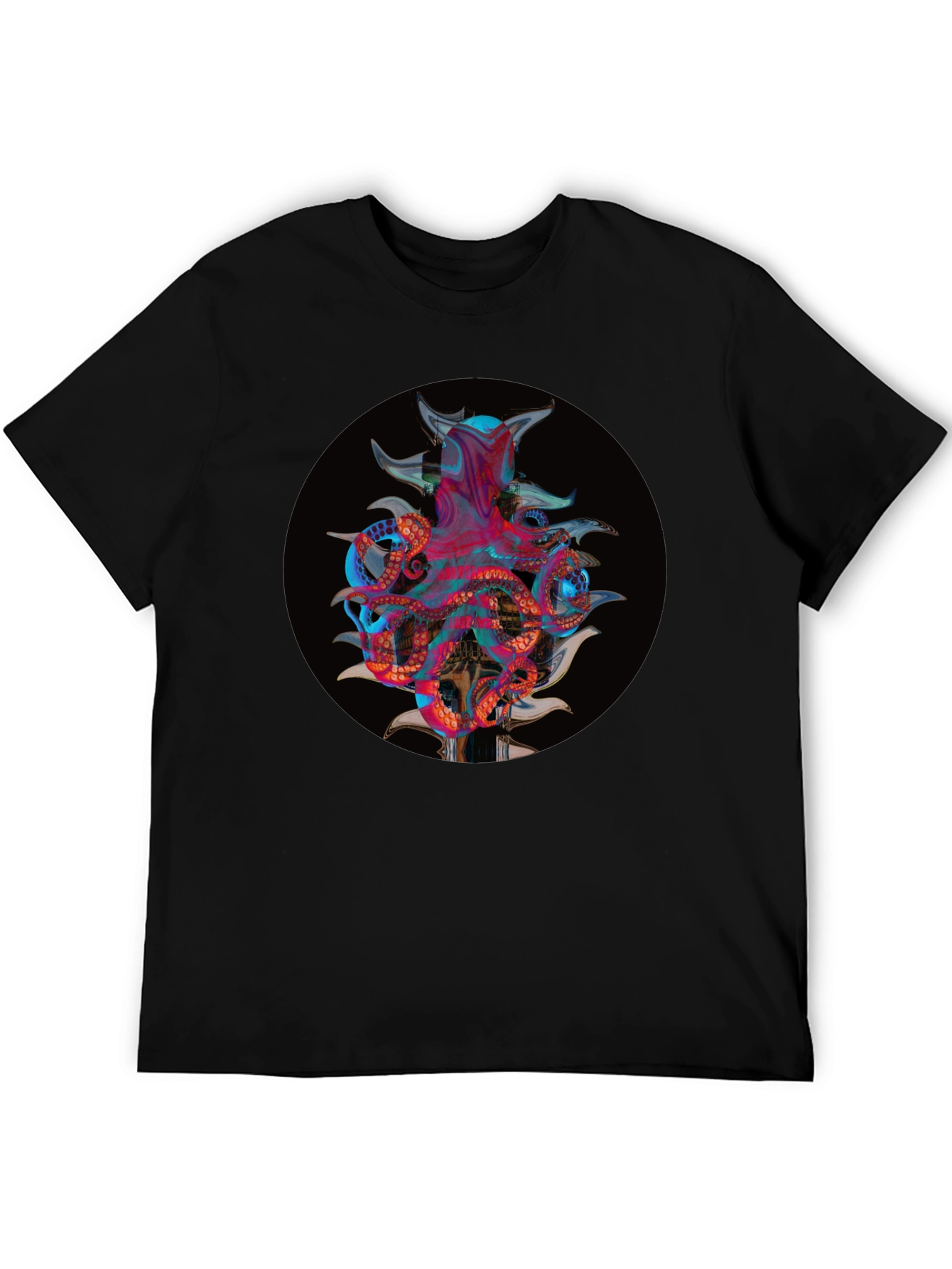 Camiseta Negra con Diseño Abstracto de Pulpo