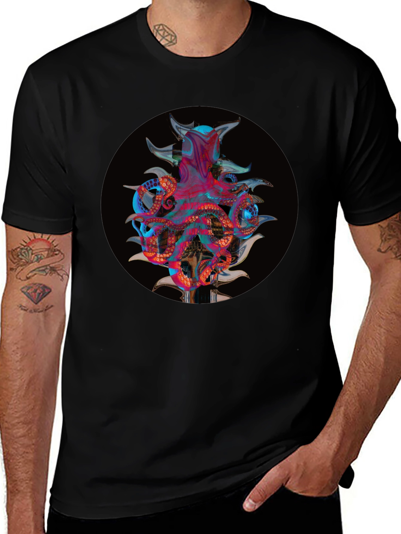 Camiseta Negra con Diseño Abstracto de Pulpo