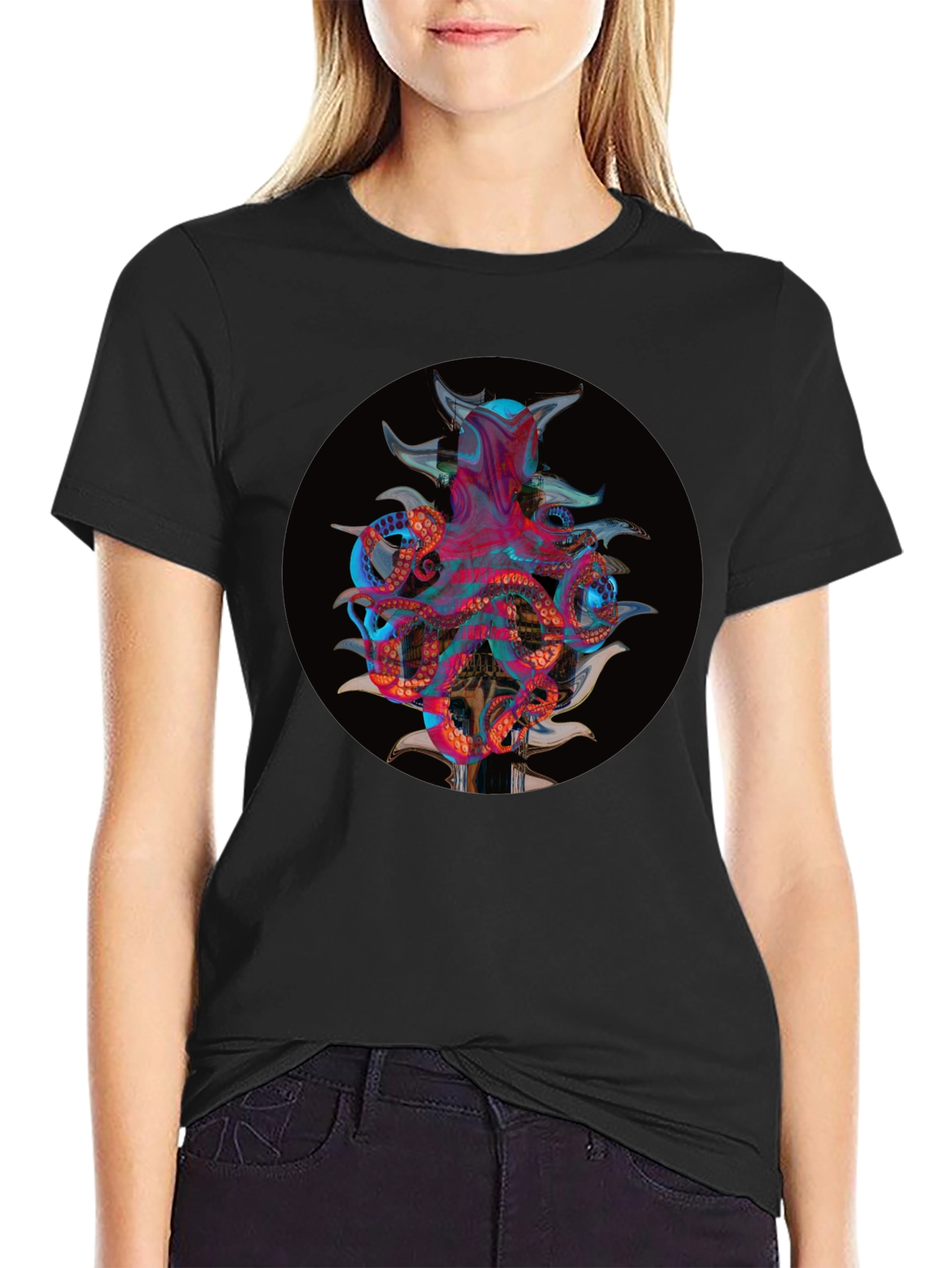 Camiseta Negra con Diseño Abstracto de Pulpo