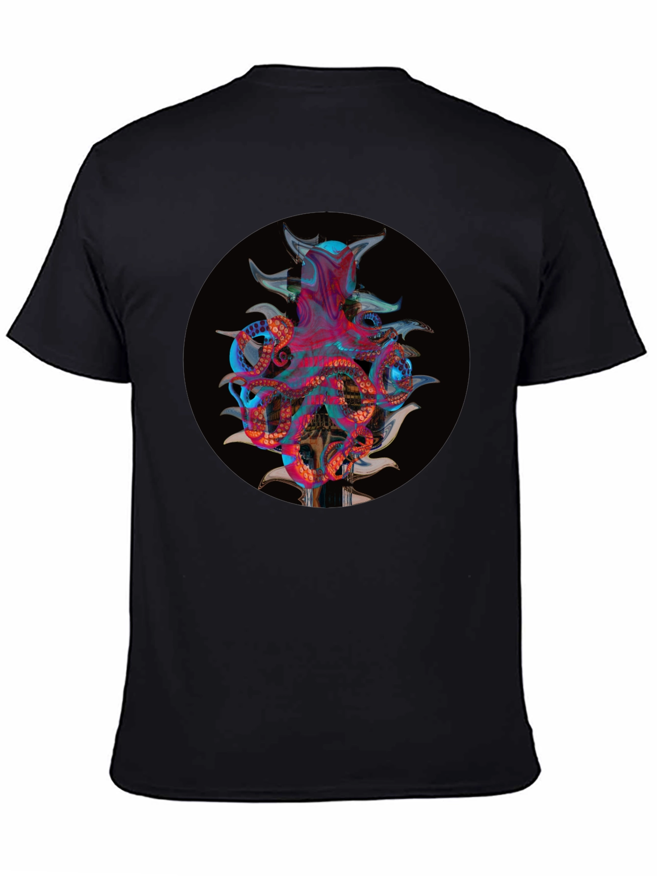 Camiseta Negra con Diseño Abstracto de Pulpo