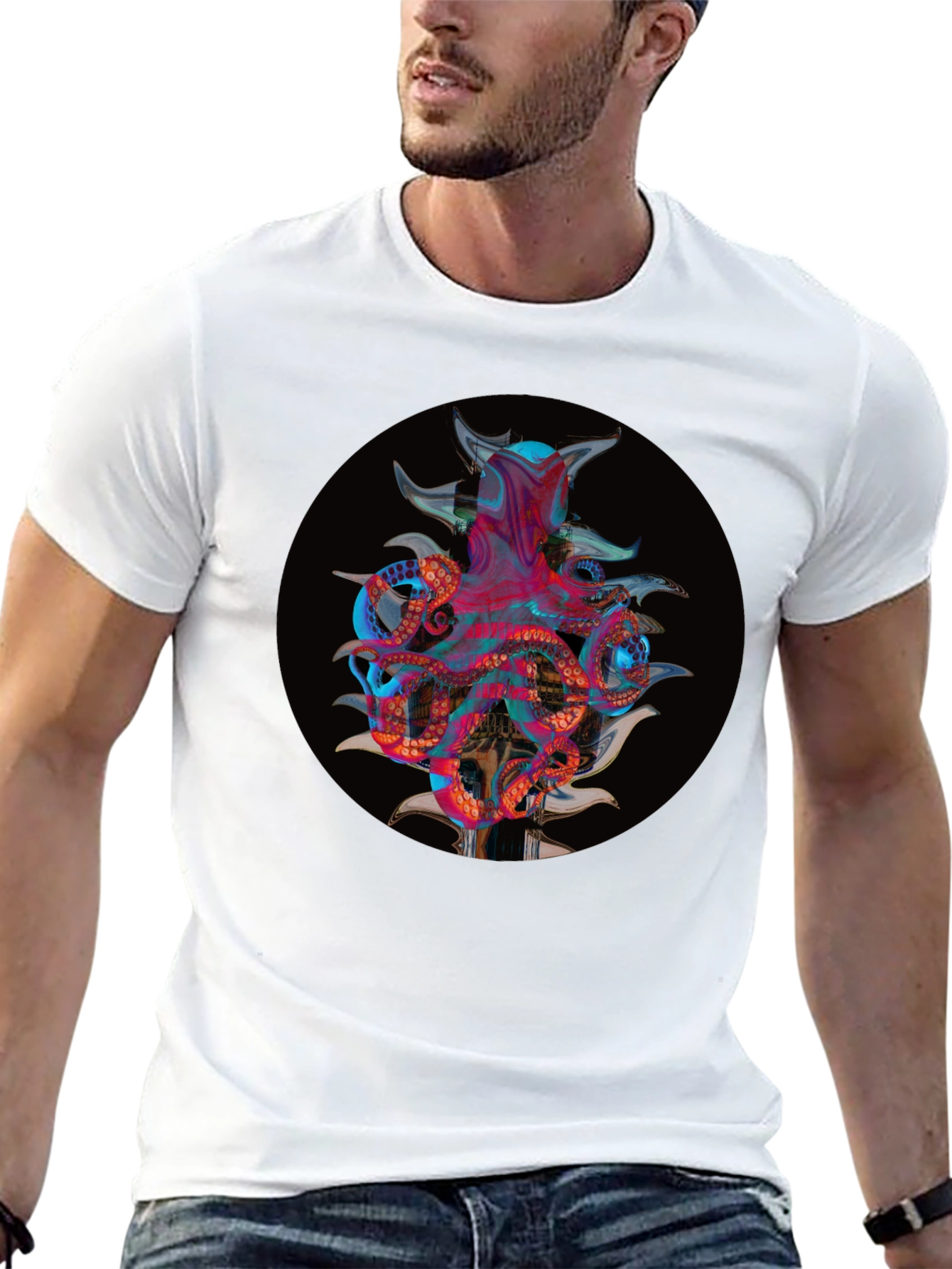 Camiseta Negra con Diseño Abstracto de Pulpo