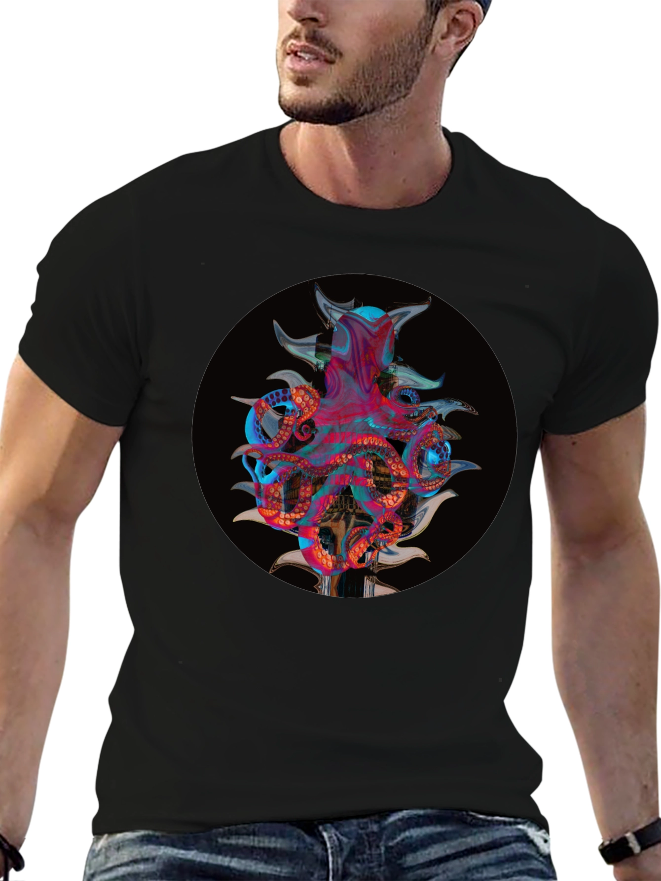 Camiseta Negra con Diseño Abstracto de Pulpo